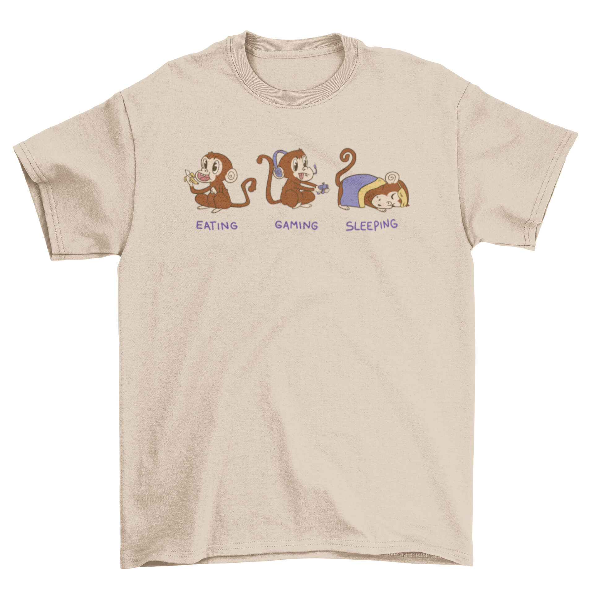 Cool Gamer t-shirt featuring three cute monkeys and the quote 'Eating, gaming, sleeping' in vibrant colors.