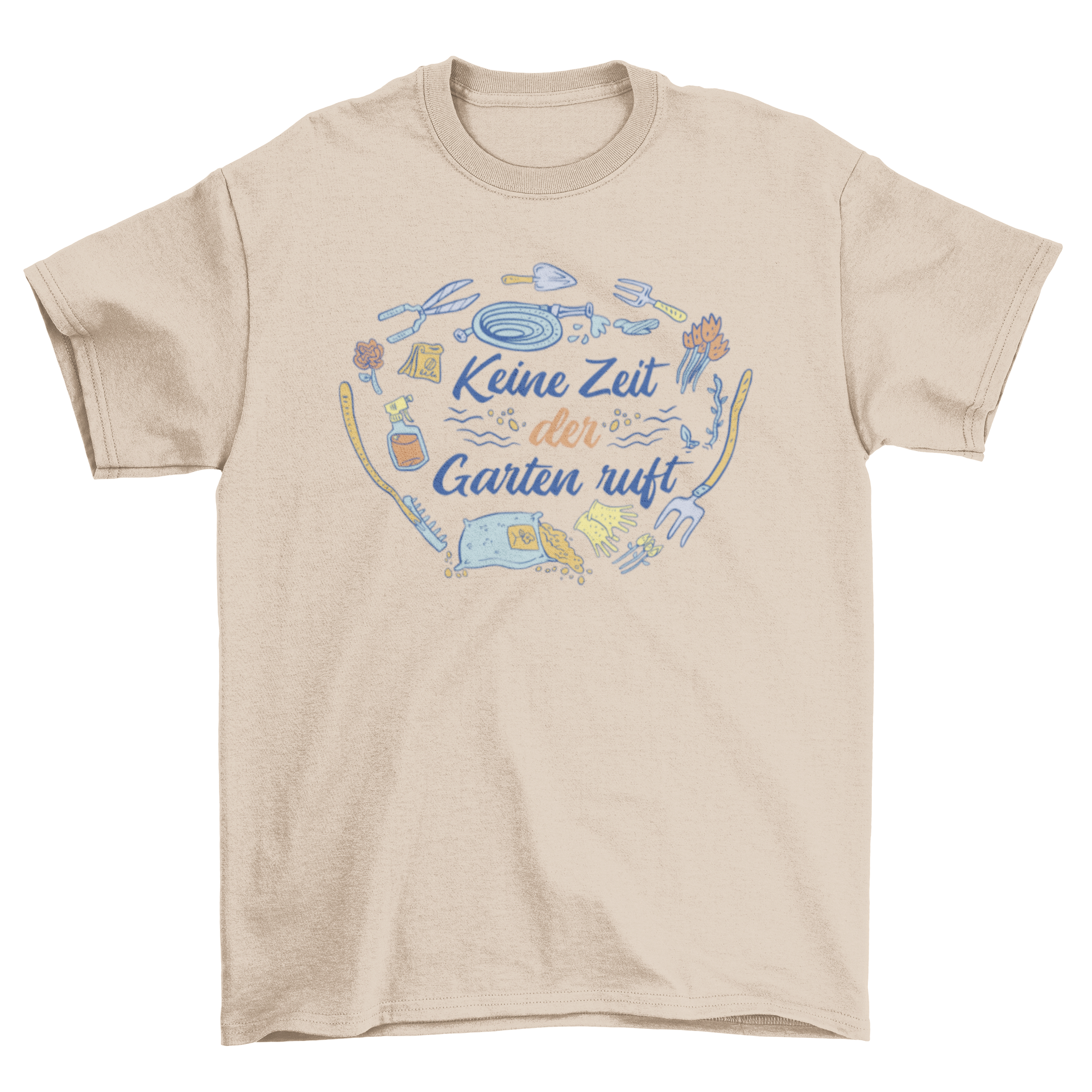 Cool gardening t-shirt featuring garden tools and a German quote, perfect for gardening enthusiasts.