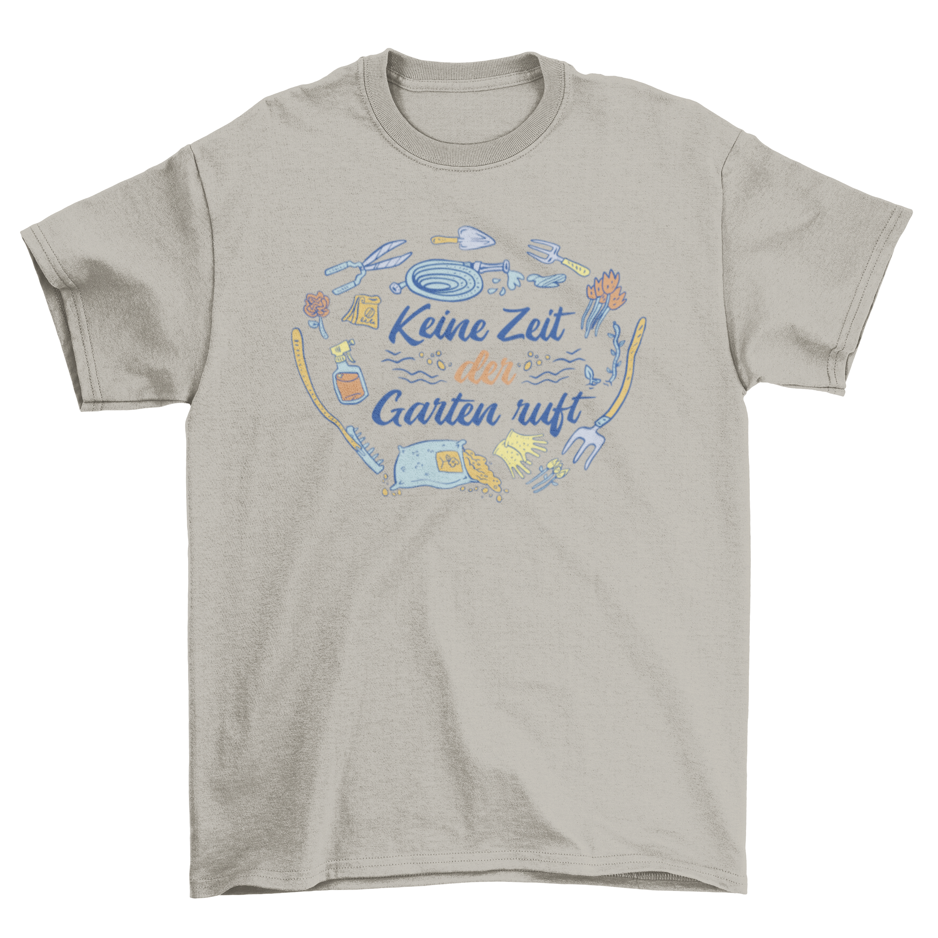 Cool gardening t-shirt featuring garden tools and a German quote, perfect for gardening enthusiasts.