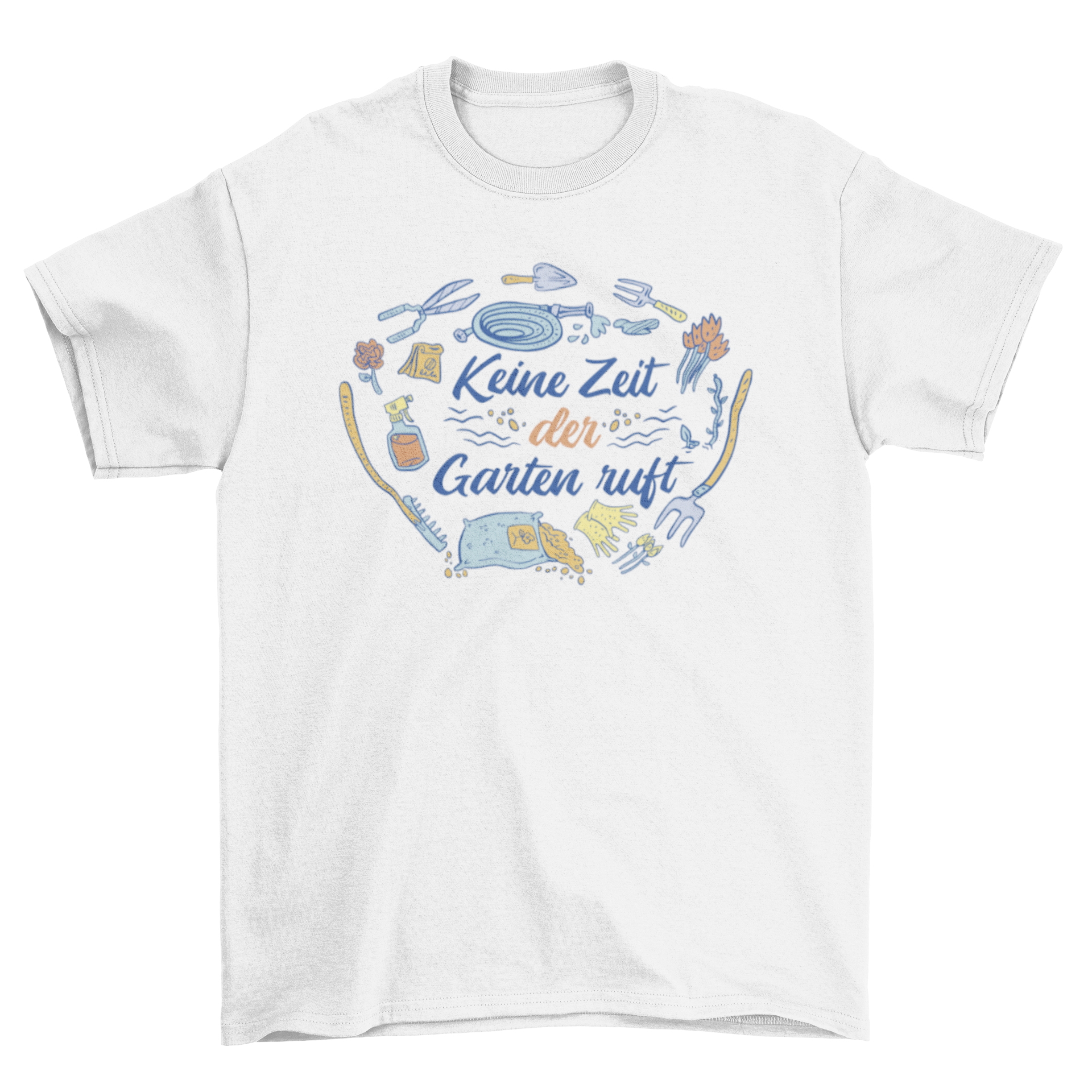 Cool gardening t-shirt featuring garden tools and a German quote, perfect for gardening enthusiasts.