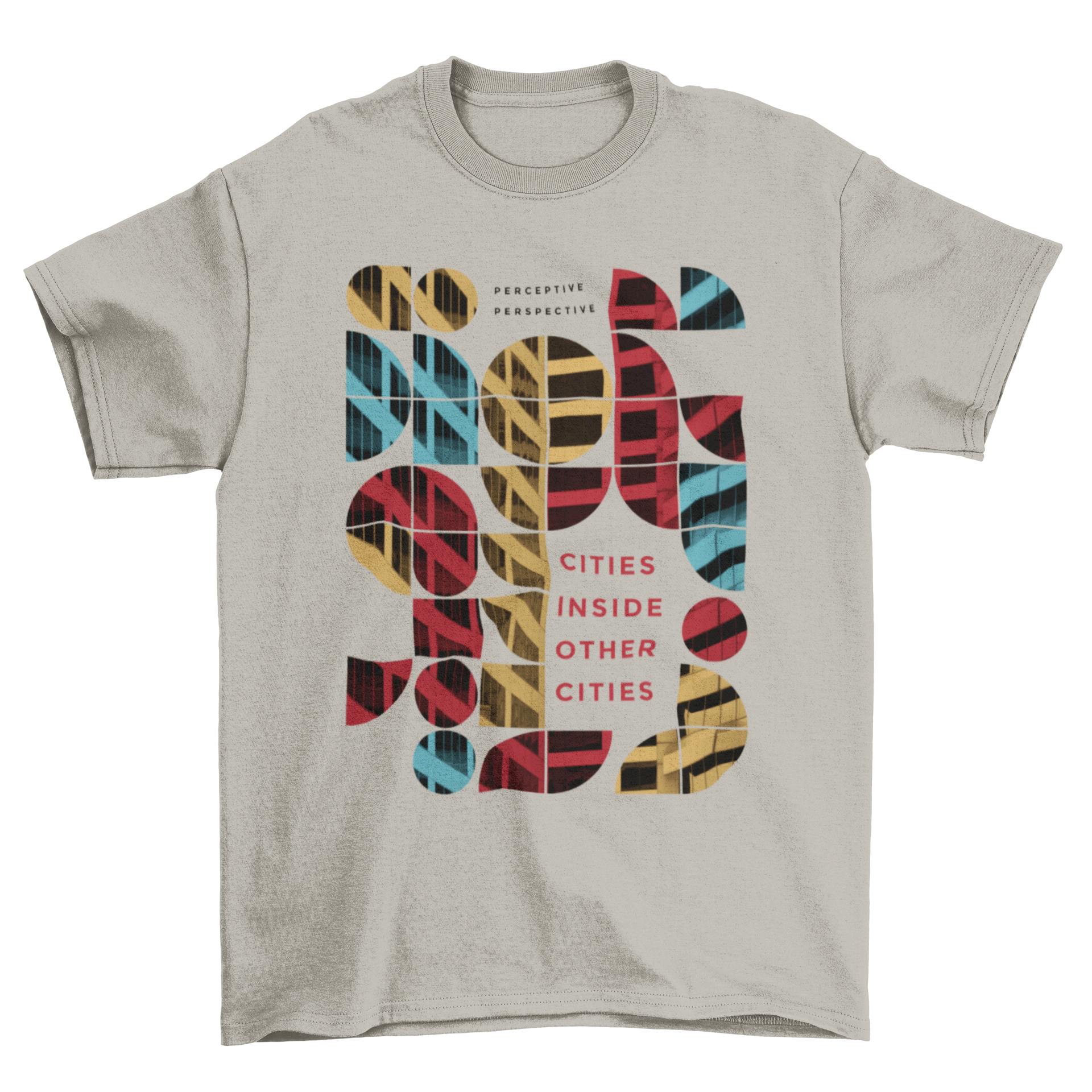 Colorful t-shirt featuring geometric square and circle designs, showcasing vibrant patterns and scalable effects.