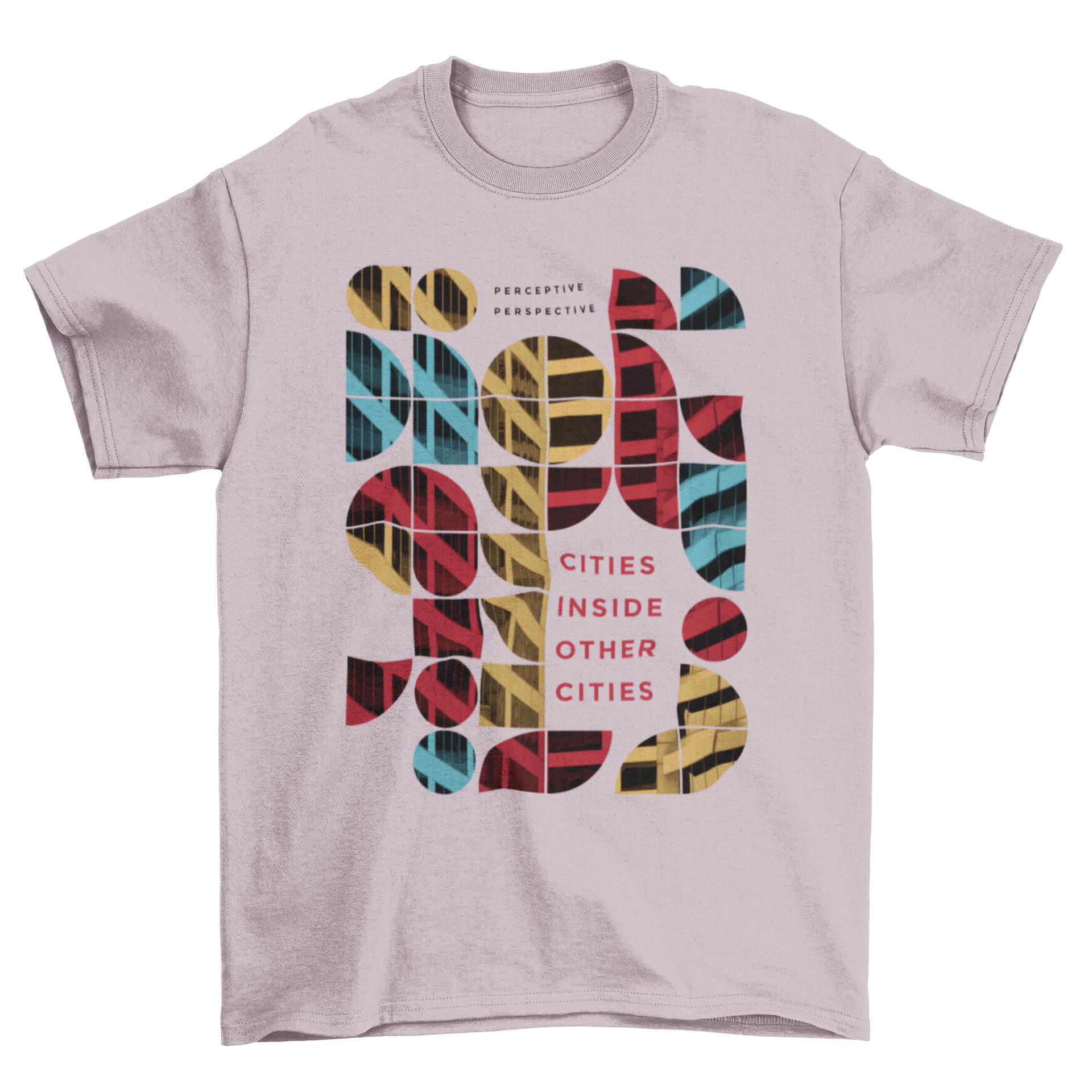 Colorful t-shirt featuring geometric square and circle designs, showcasing vibrant patterns and scalable effects.