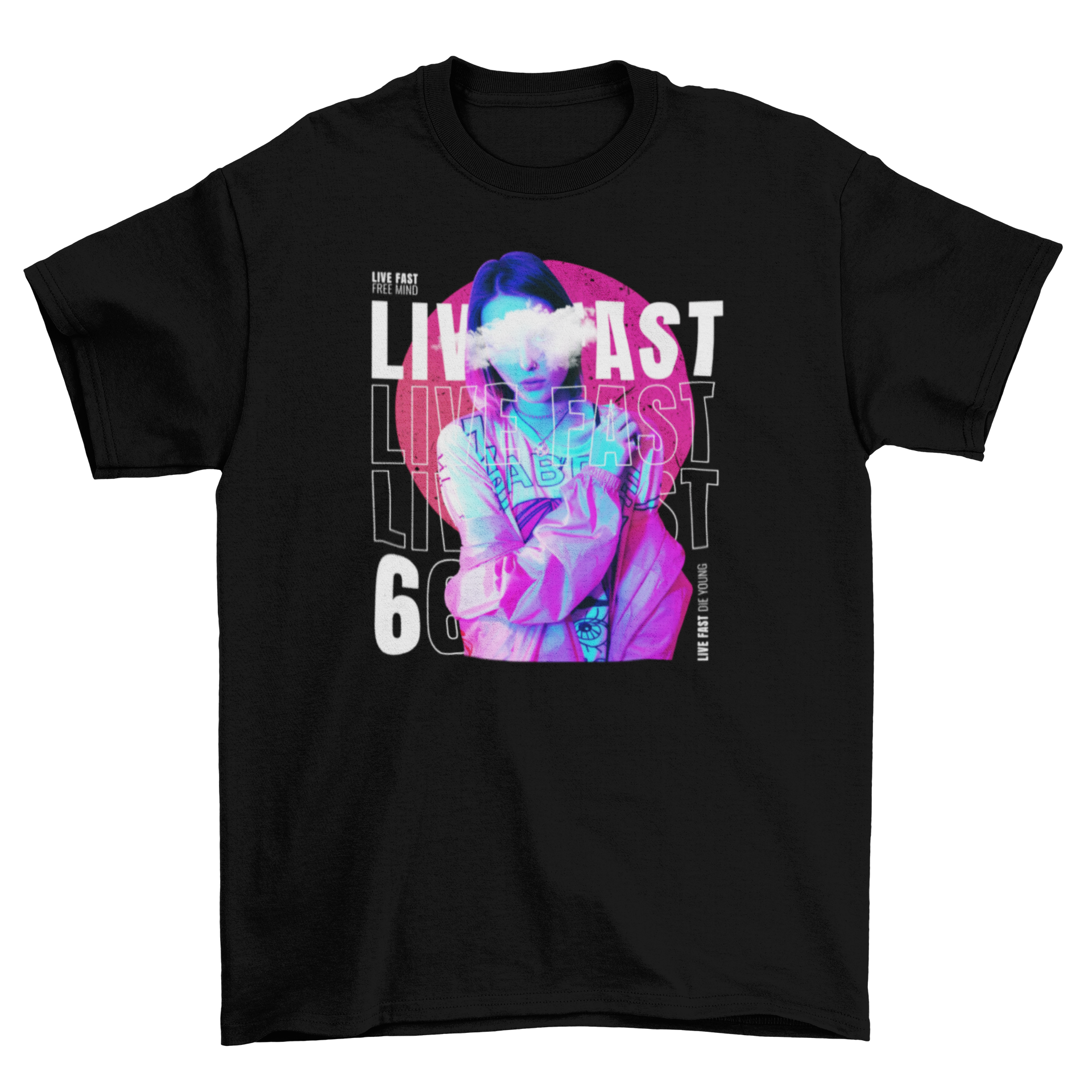 Cool Girl Fashion t-shirt featuring a woman with clouds in her eyes and the quote 'Live fast', perfect for casual wear.