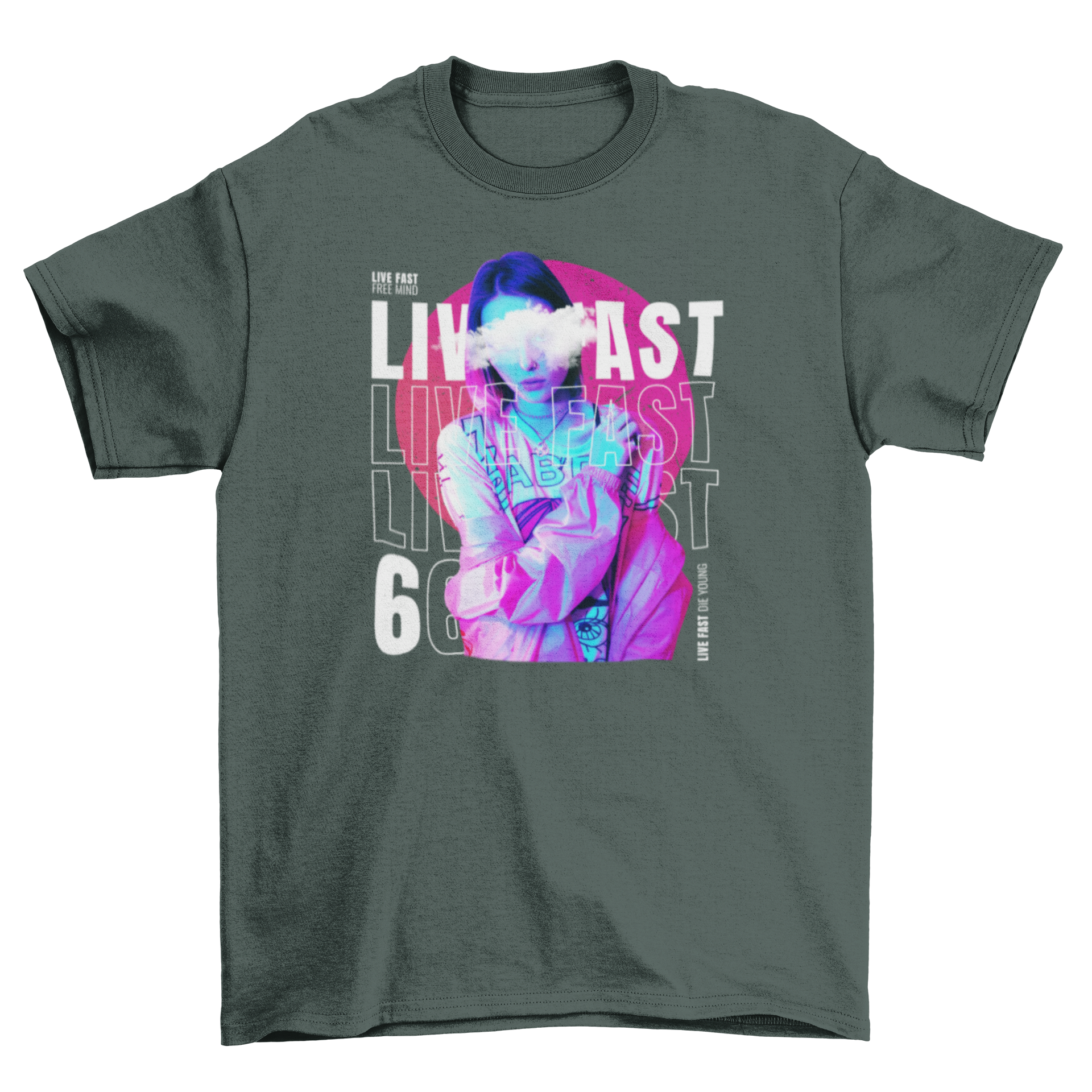 Cool Girl Fashion t-shirt featuring a woman with clouds in her eyes and the quote 'Live fast', perfect for casual wear.