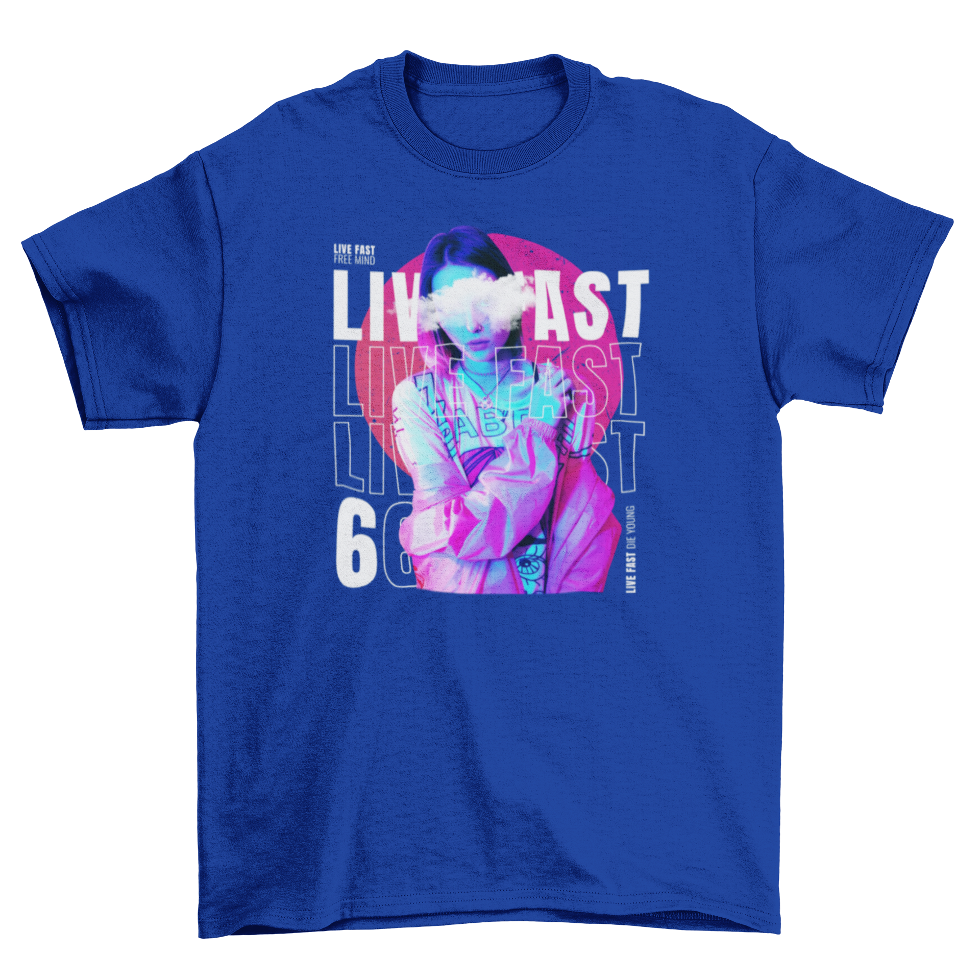 Cool Girl Fashion t-shirt featuring a woman with clouds in her eyes and the quote 'Live fast', perfect for casual wear.