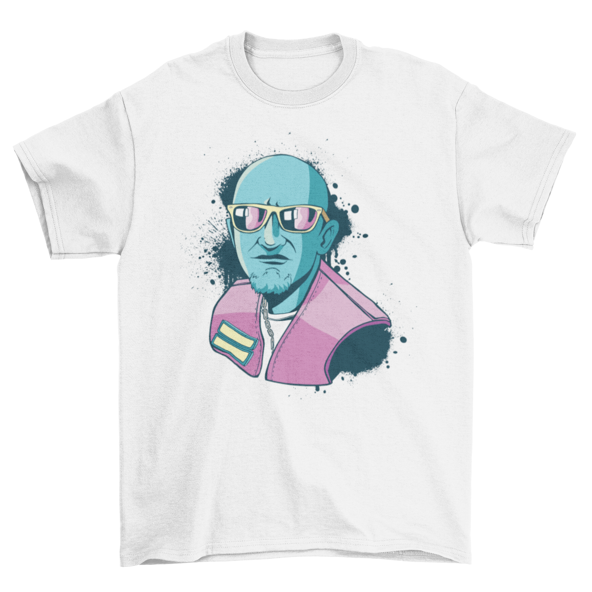 A vibrant neon t-shirt featuring a cool guy illustration wearing sunglasses, perfect for stylish casual wear.