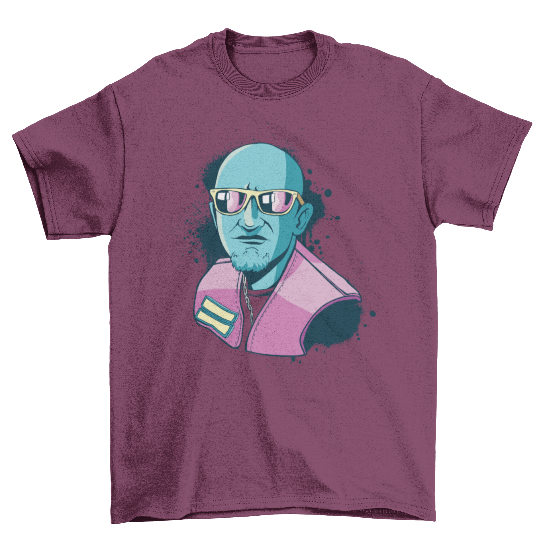 A vibrant neon t-shirt featuring a cool guy illustration wearing sunglasses, perfect for stylish casual wear.