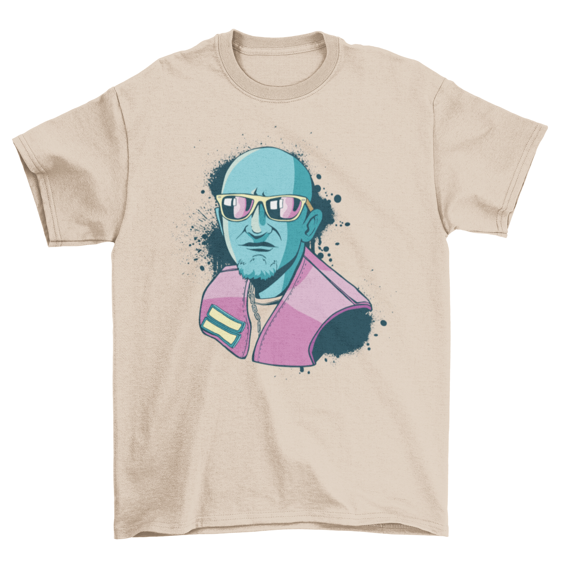 A vibrant neon t-shirt featuring a cool guy illustration wearing sunglasses, perfect for stylish casual wear.