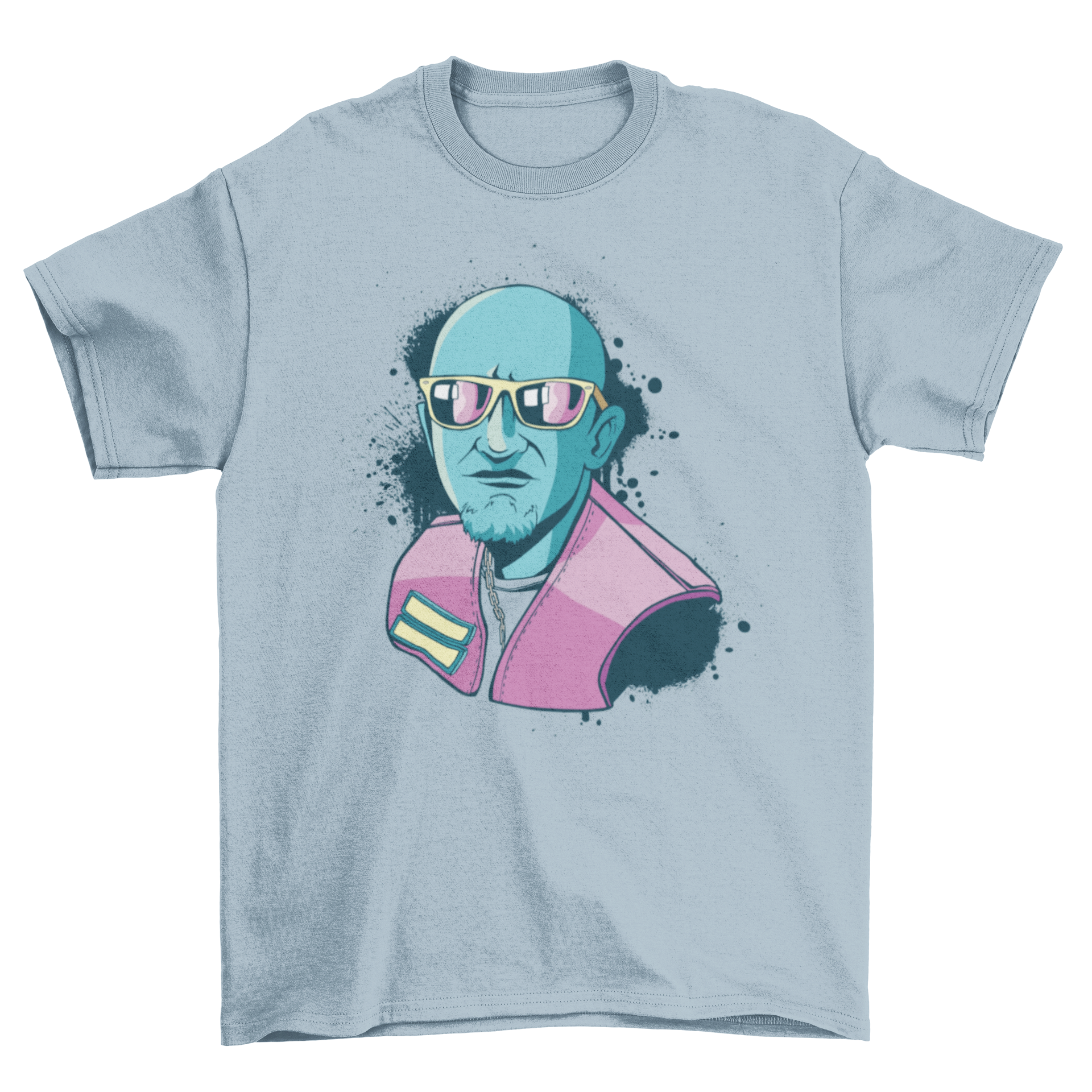 A vibrant neon t-shirt featuring a cool guy illustration wearing sunglasses, perfect for stylish casual wear.