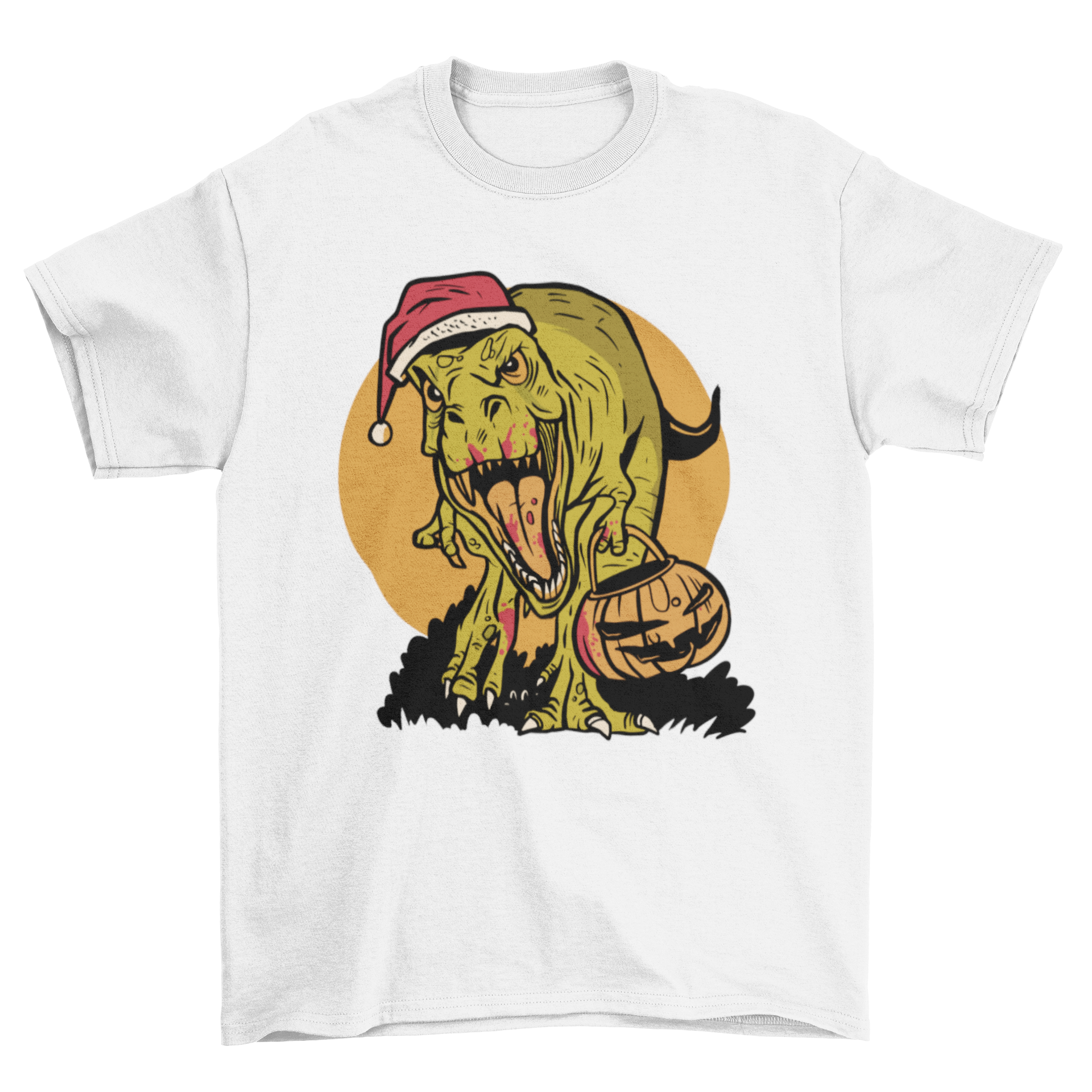 Cool Halloween Christmas T-rex dinosaur t-shirt featuring a vibrant pumpkin design, perfect for festive celebrations.