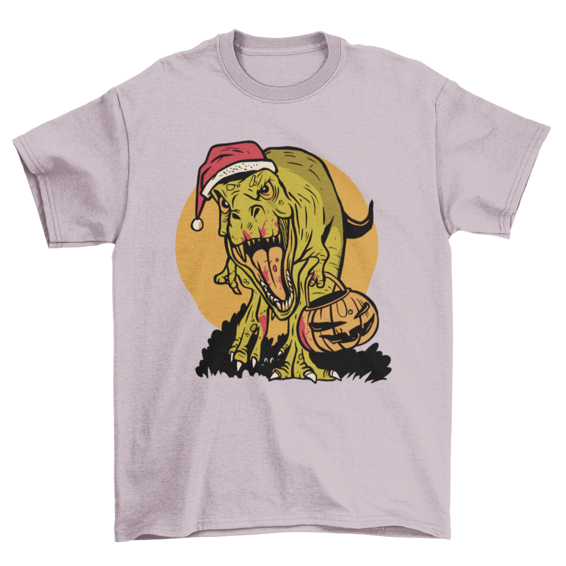 Cool Halloween Christmas T-rex dinosaur t-shirt featuring a vibrant pumpkin design, perfect for festive celebrations.