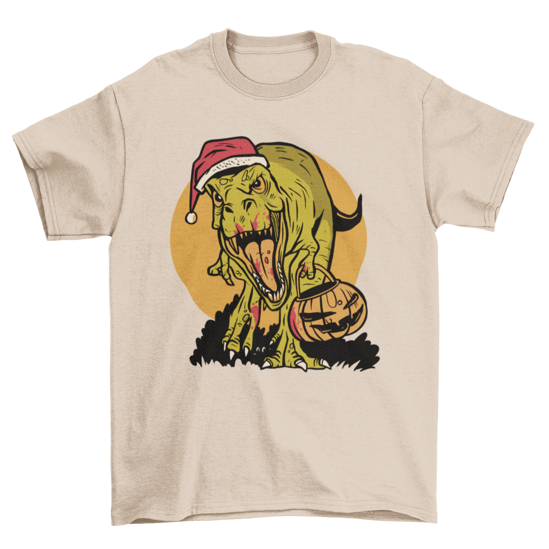 Cool Halloween Christmas T-rex dinosaur t-shirt featuring a vibrant pumpkin design, perfect for festive celebrations.