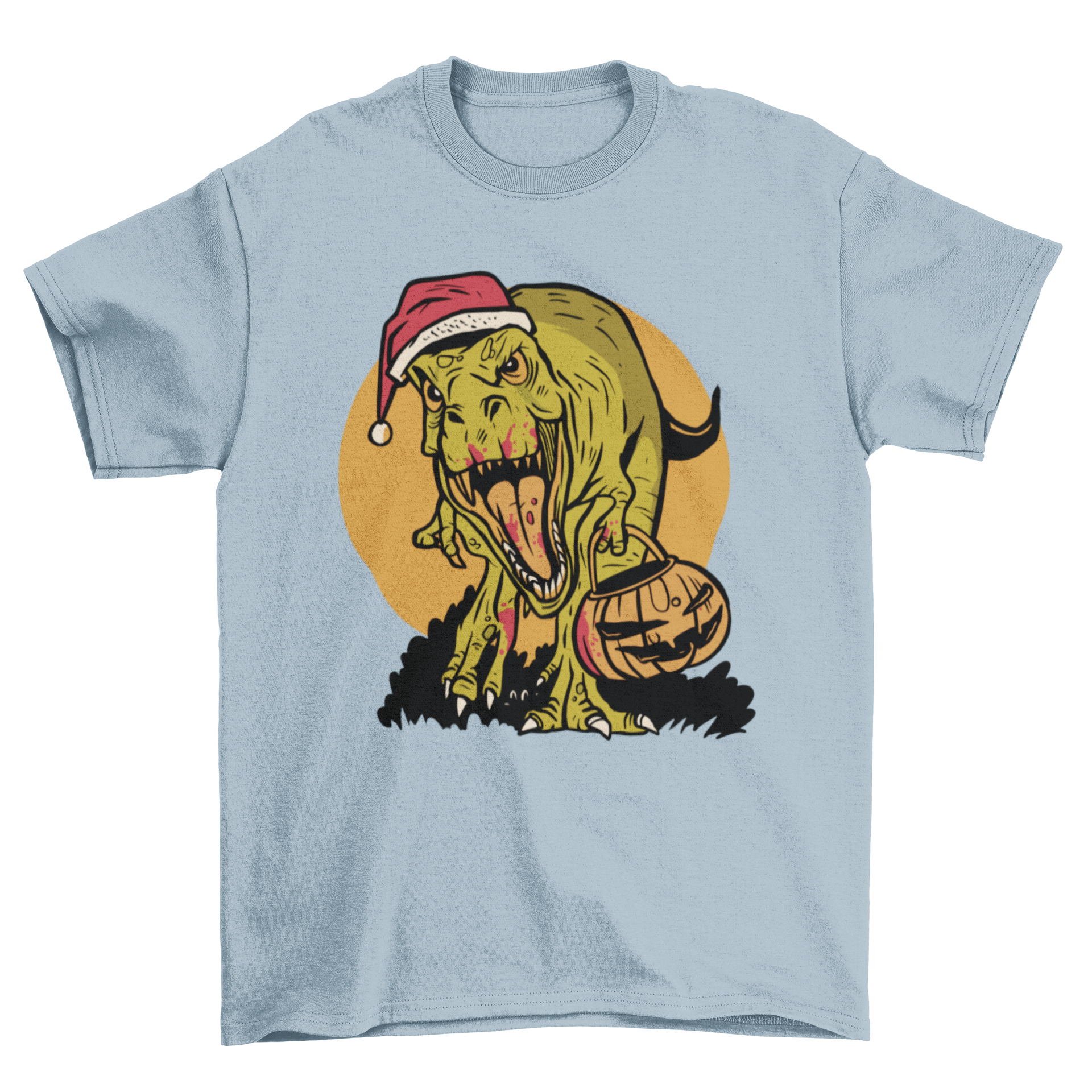 Cool Halloween Christmas T-rex dinosaur t-shirt featuring a vibrant pumpkin design, perfect for festive celebrations.