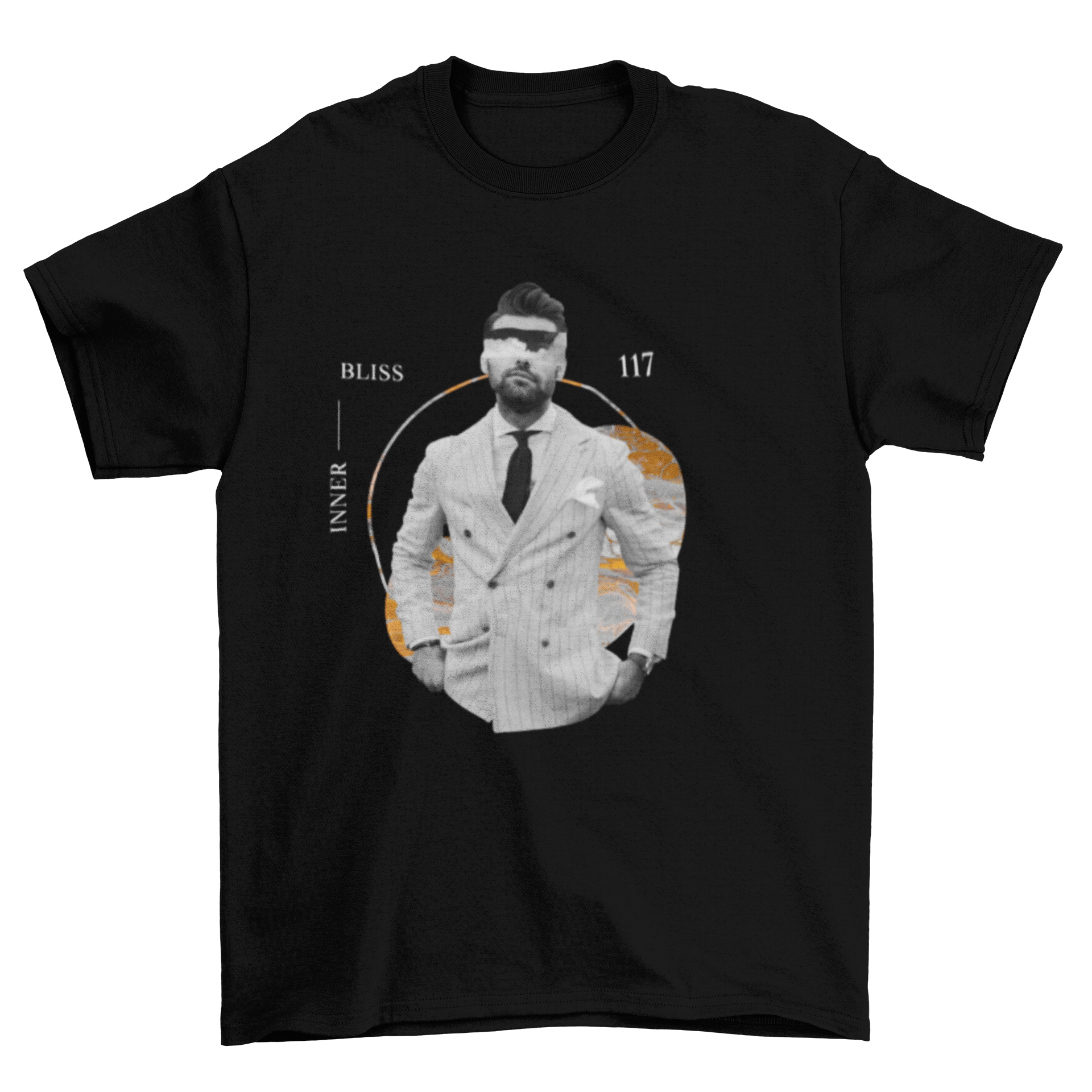 A stylish t-shirt featuring a collage of a man in a suit with marble-style graphics, showcasing a modern fashion design.