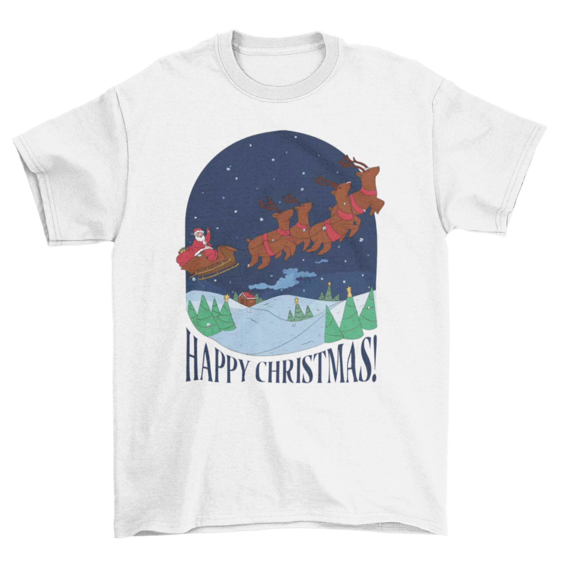 Cool Christmas t-shirt featuring Santa Claus riding a sled with the quote 'Happy Christmas!' in festive colors.