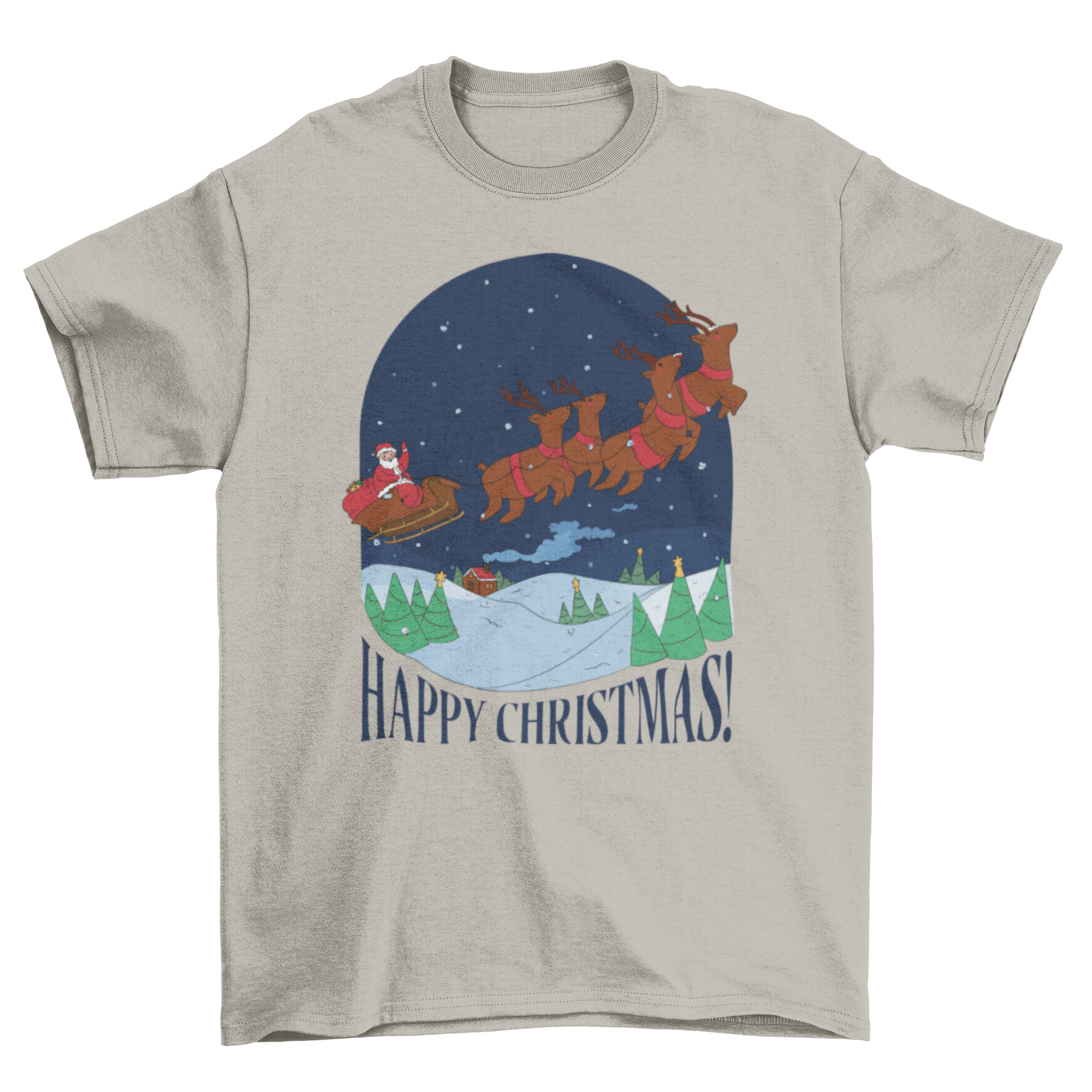 Cool Christmas t-shirt featuring Santa Claus riding a sled with the quote 'Happy Christmas!' in festive colors.