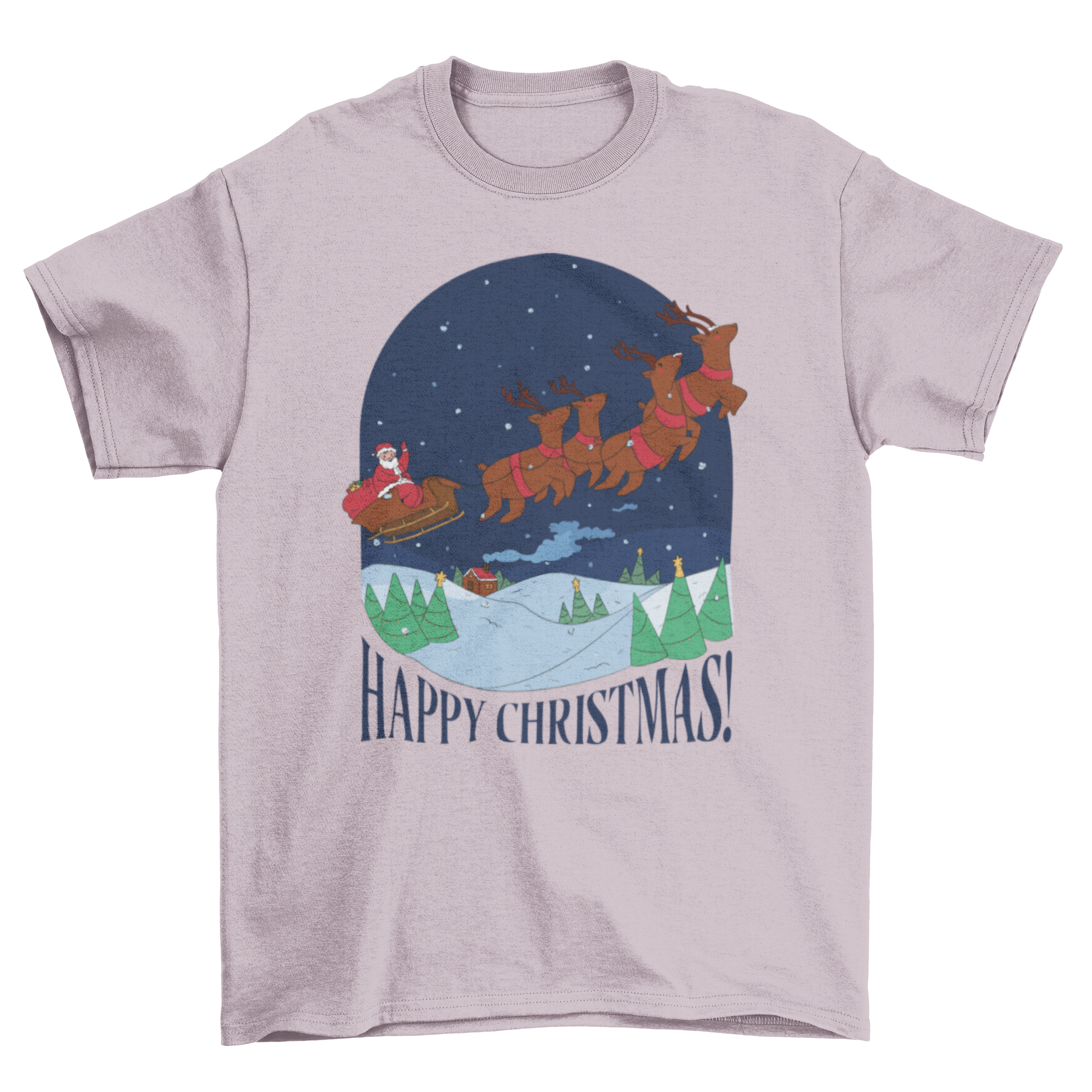 Cool Christmas t-shirt featuring Santa Claus riding a sled with the quote 'Happy Christmas!' in festive colors.