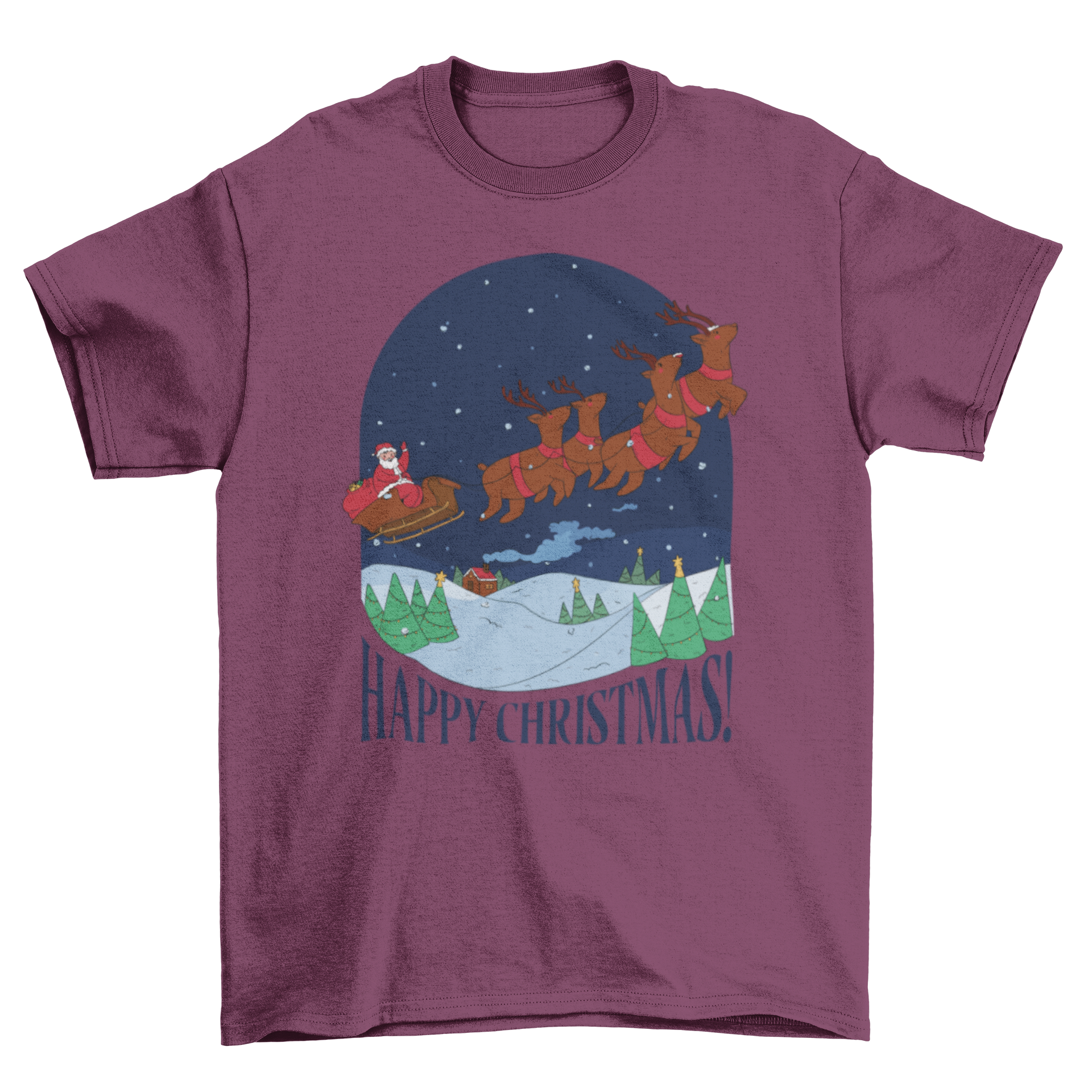 Cool Christmas t-shirt featuring Santa Claus riding a sled with the quote 'Happy Christmas!' in festive colors.