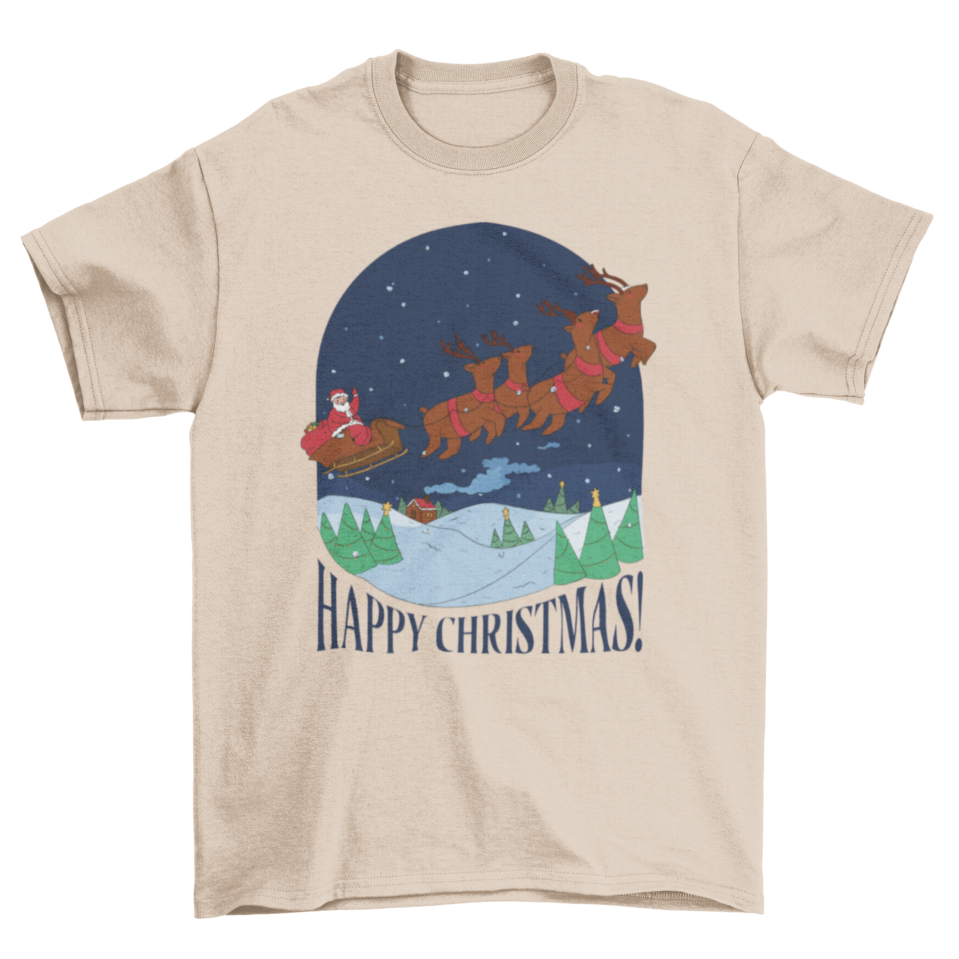 Cool Christmas t-shirt featuring Santa Claus riding a sled with the quote 'Happy Christmas!' in festive colors.