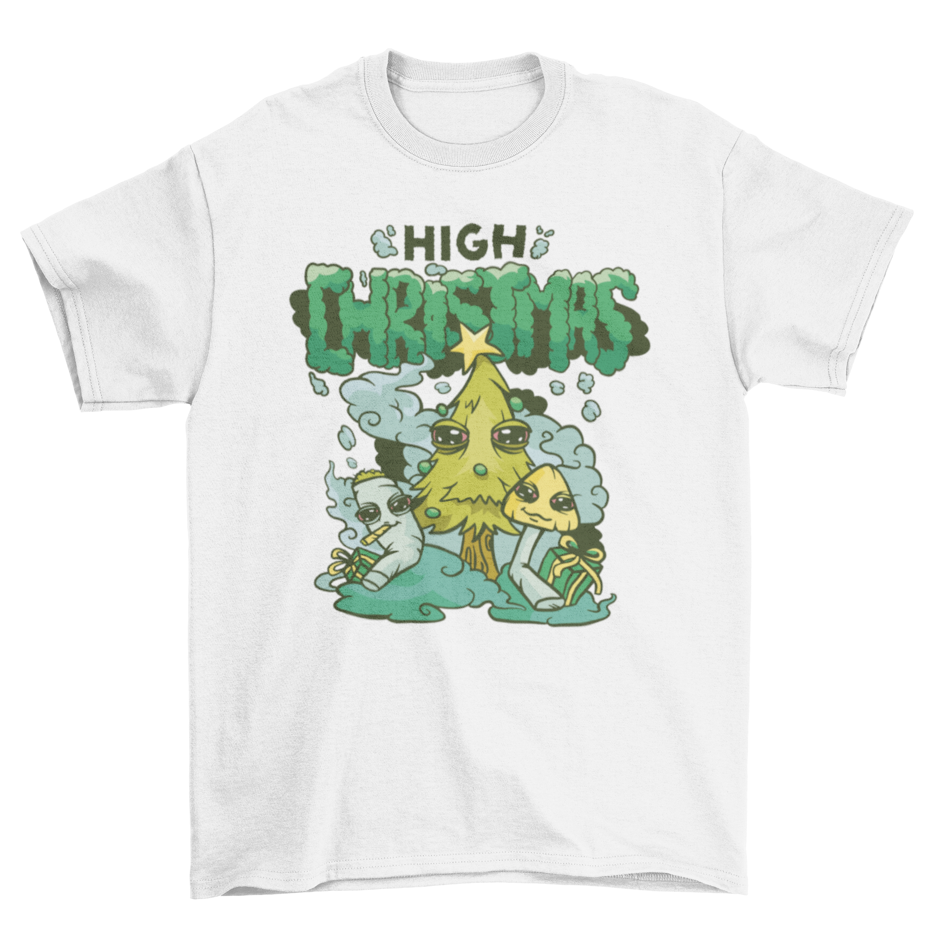 Cool High Christmas T-shirt featuring a blunt, pine tree, and mushroom design, perfect for holiday celebrations.