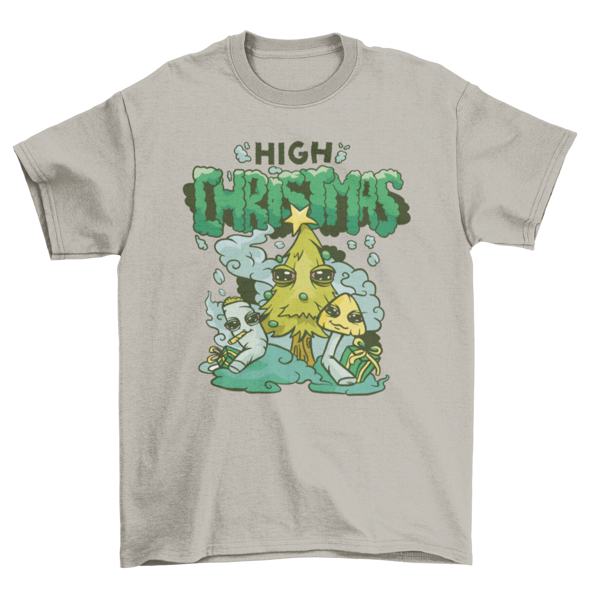 Cool High Christmas T-shirt featuring a blunt, pine tree, and mushroom design, perfect for holiday celebrations.