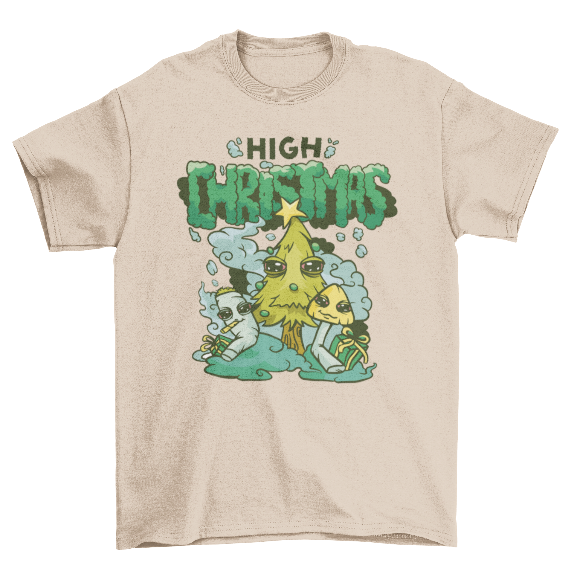 Cool High Christmas T-shirt featuring a blunt, pine tree, and mushroom design, perfect for holiday celebrations.