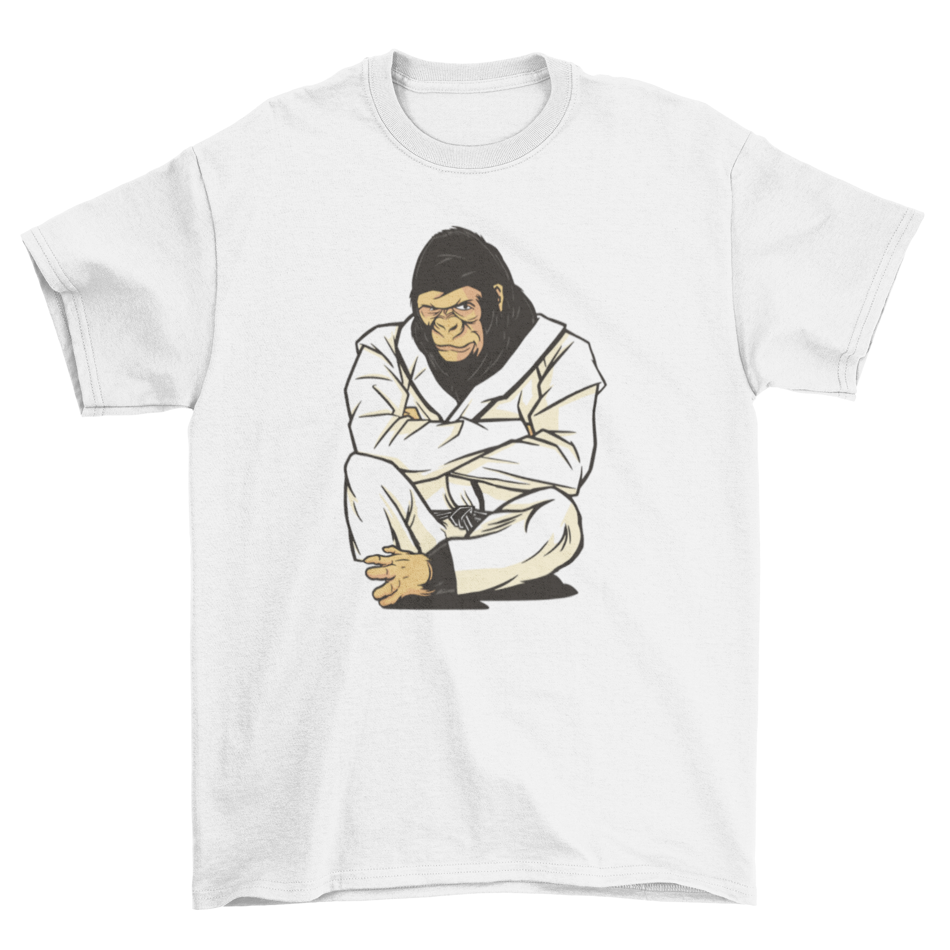 A stylish t-shirt featuring a gorilla in a karate uniform, showcasing a unique and playful design.