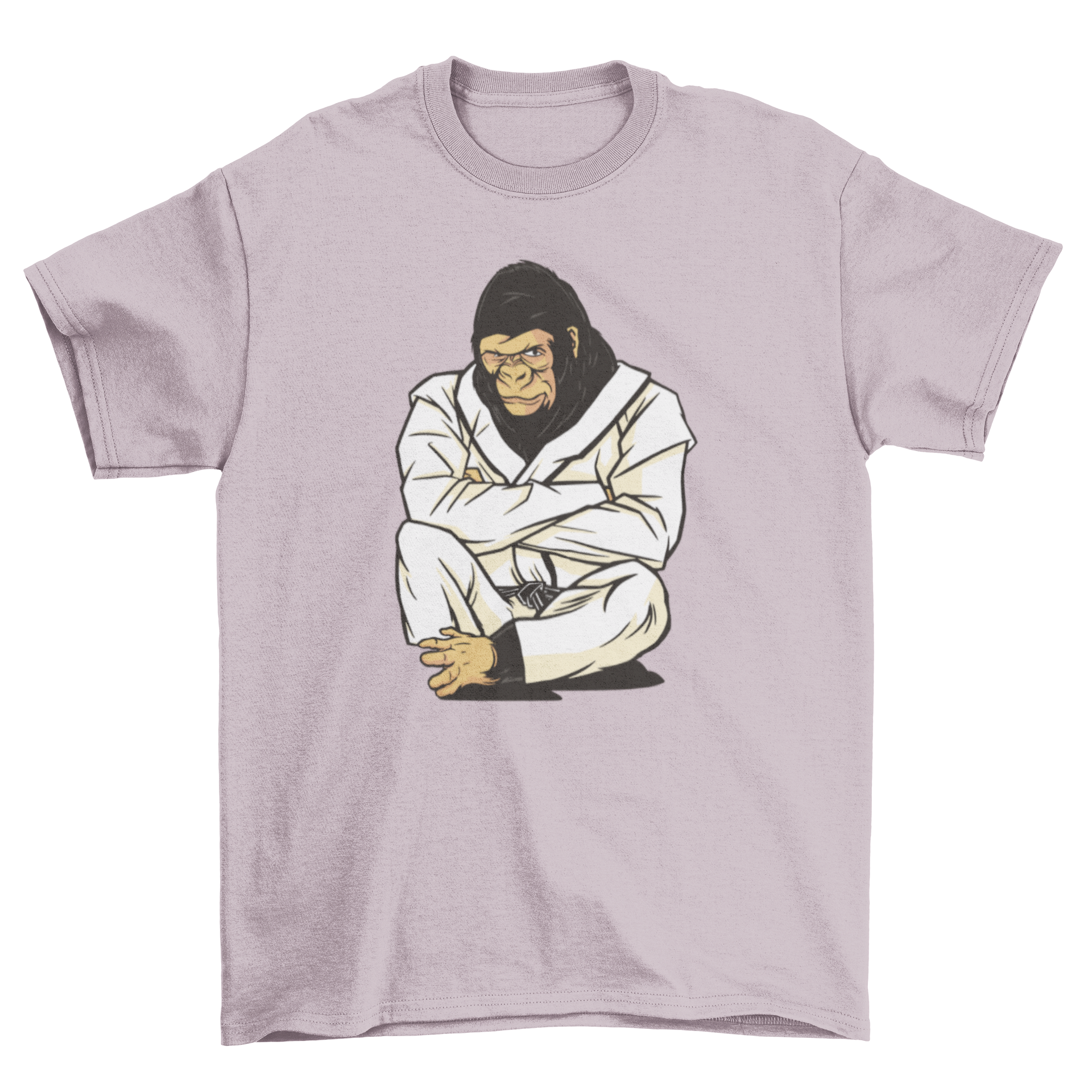 A stylish t-shirt featuring a gorilla in a karate uniform, showcasing a unique and playful design.