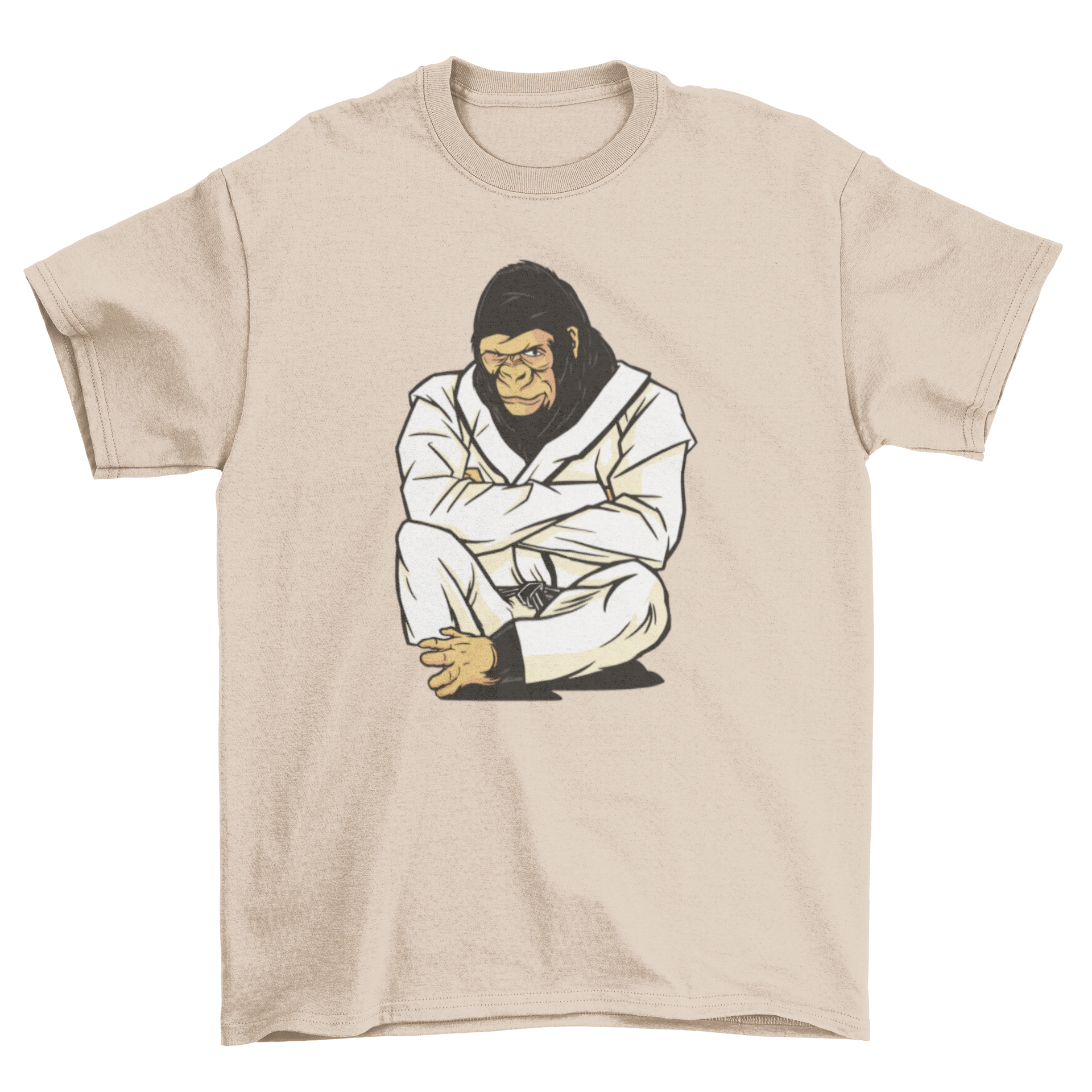 A stylish t-shirt featuring a gorilla in a karate uniform, showcasing a unique and playful design.