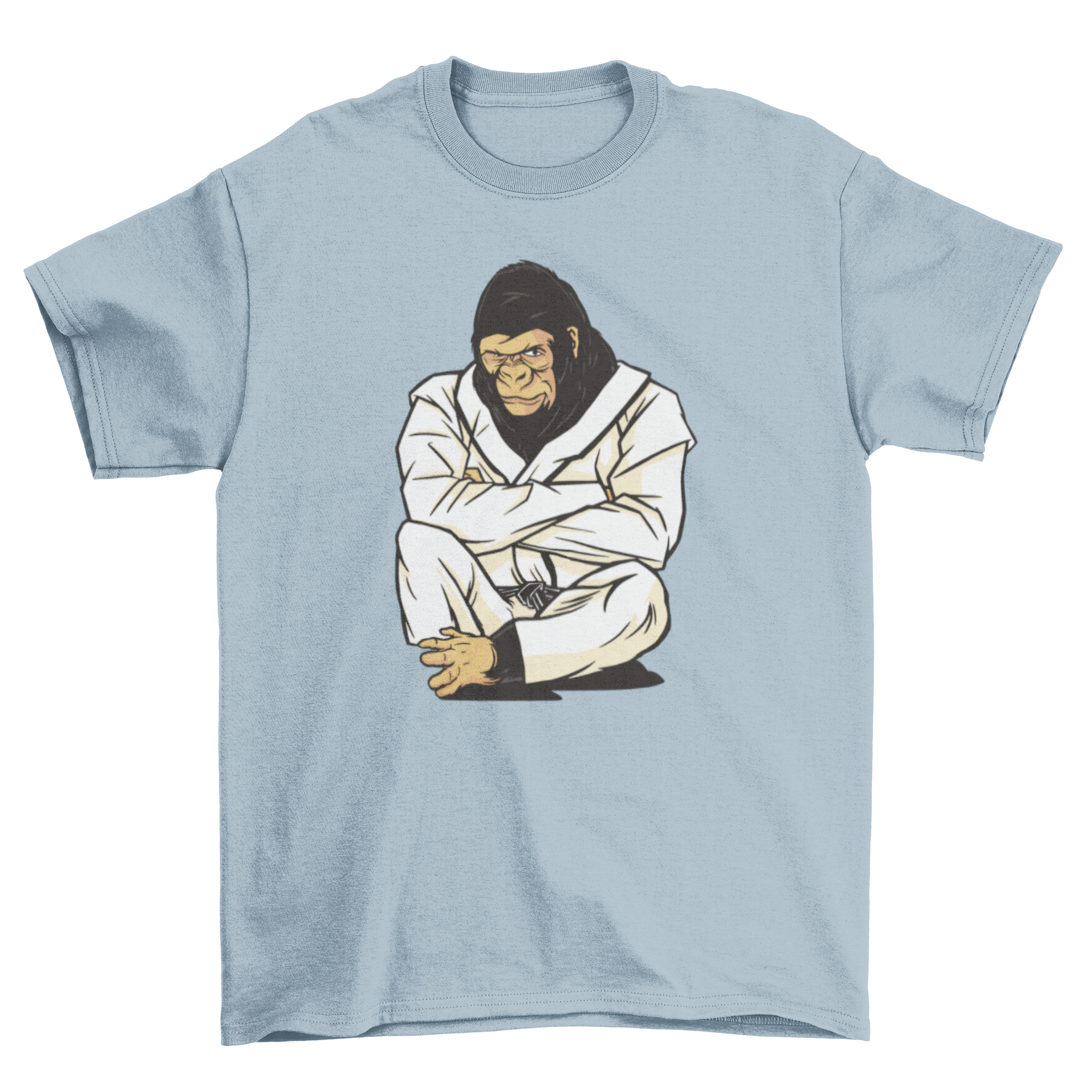 A stylish t-shirt featuring a gorilla in a karate uniform, showcasing a unique and playful design.