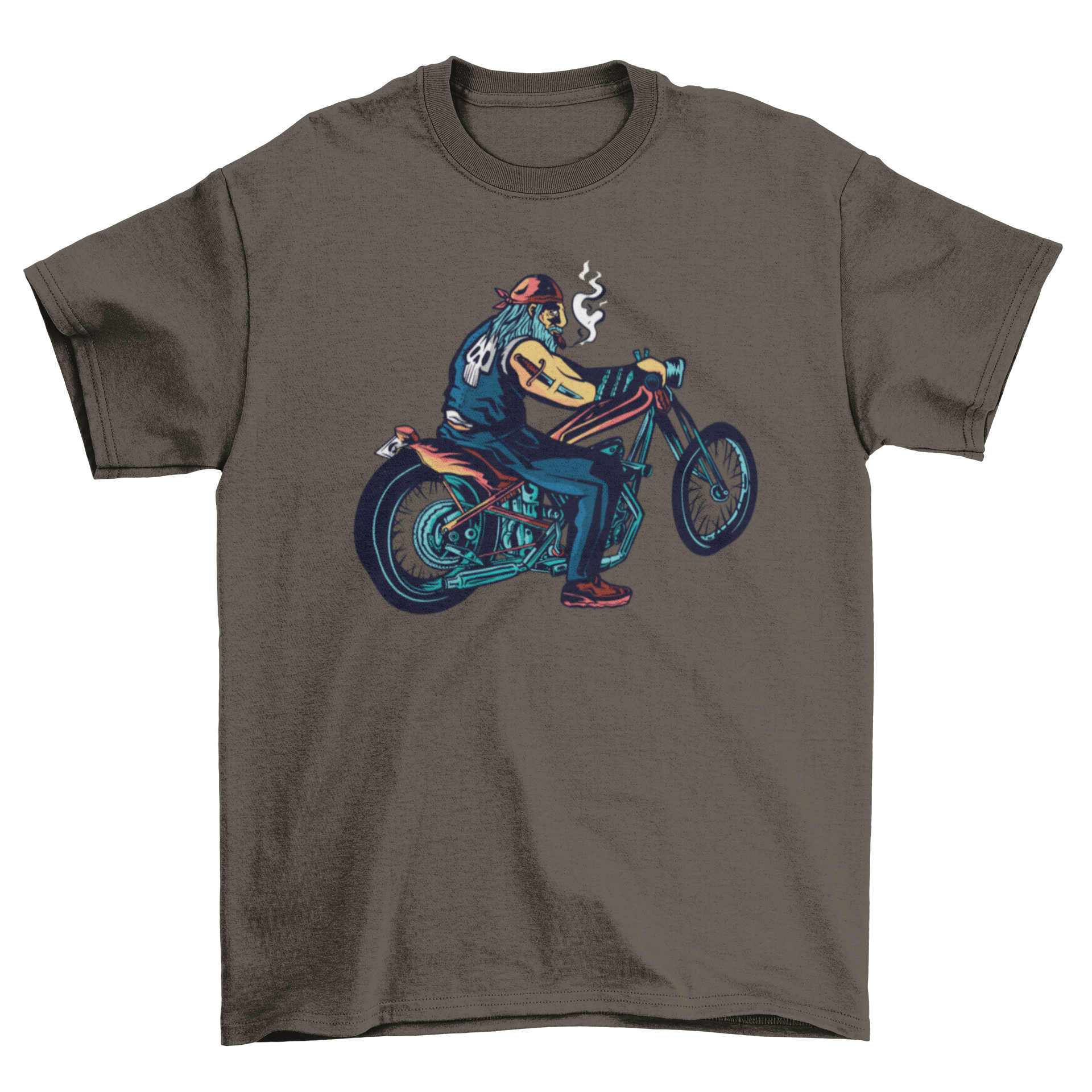 Cool t-shirt featuring a man riding a chopper and smoking, showcasing a unique motorcycle culture design.