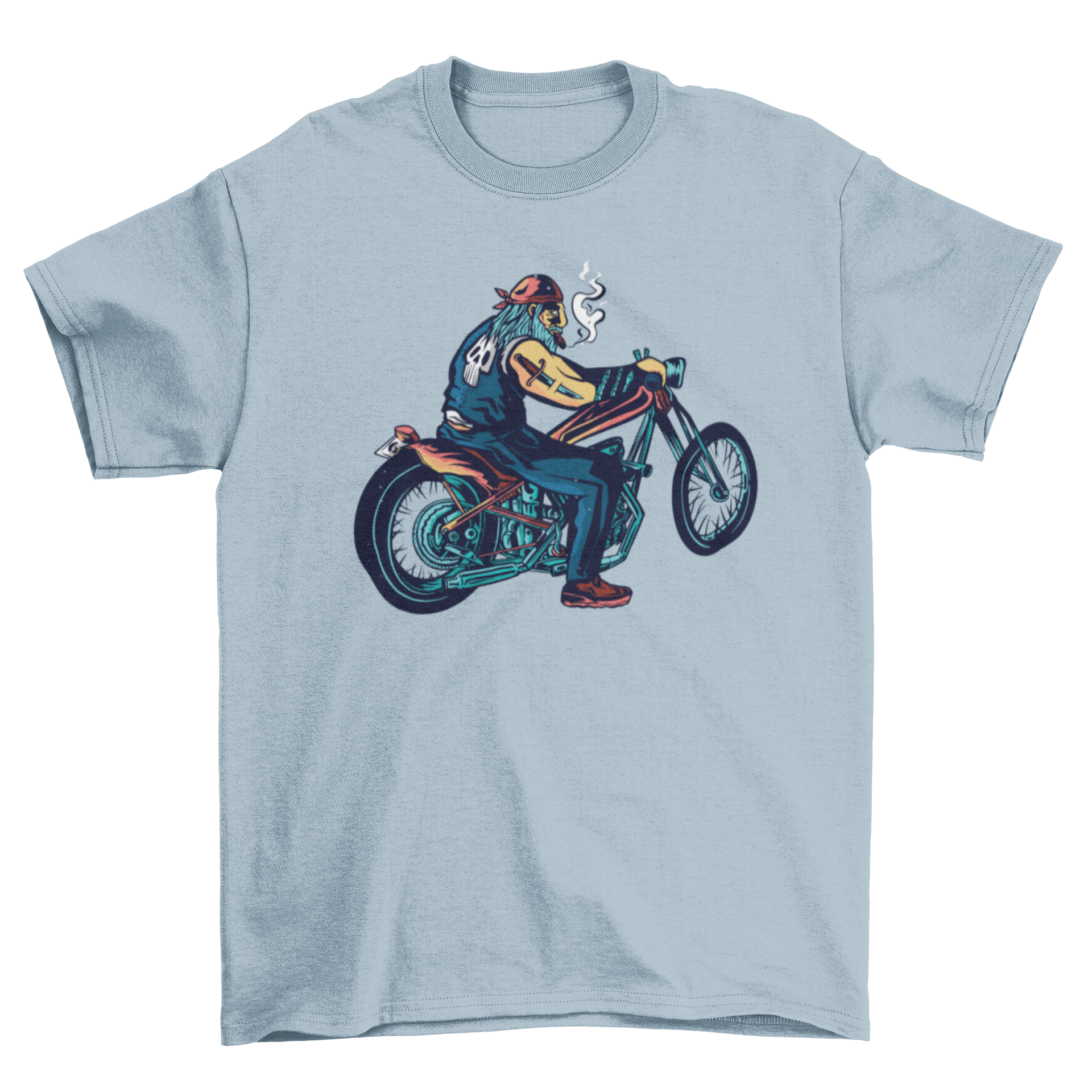 Cool t-shirt featuring a man riding a chopper and smoking, showcasing a unique motorcycle culture design.