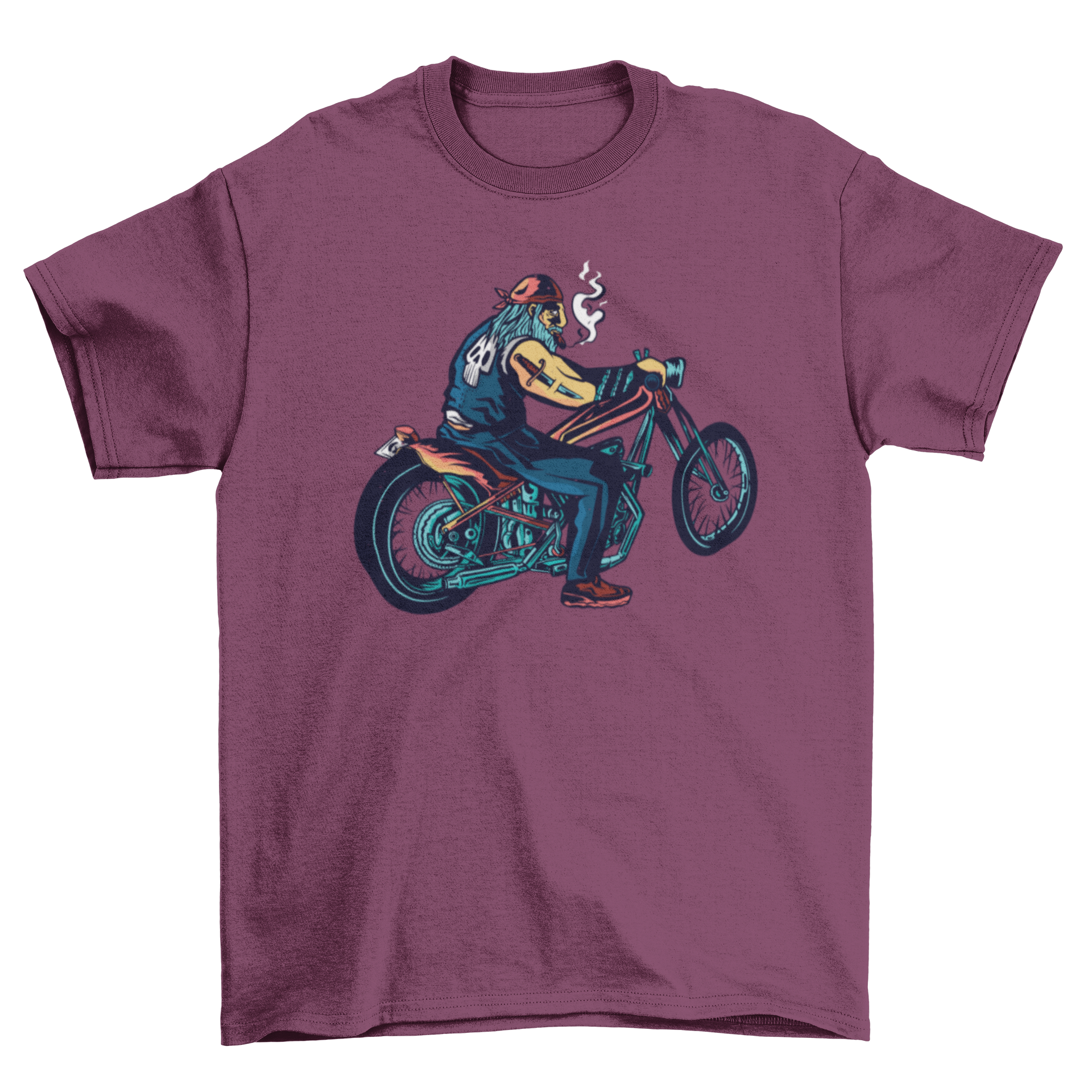 Cool t-shirt featuring a man riding a chopper and smoking, showcasing a unique motorcycle culture design.