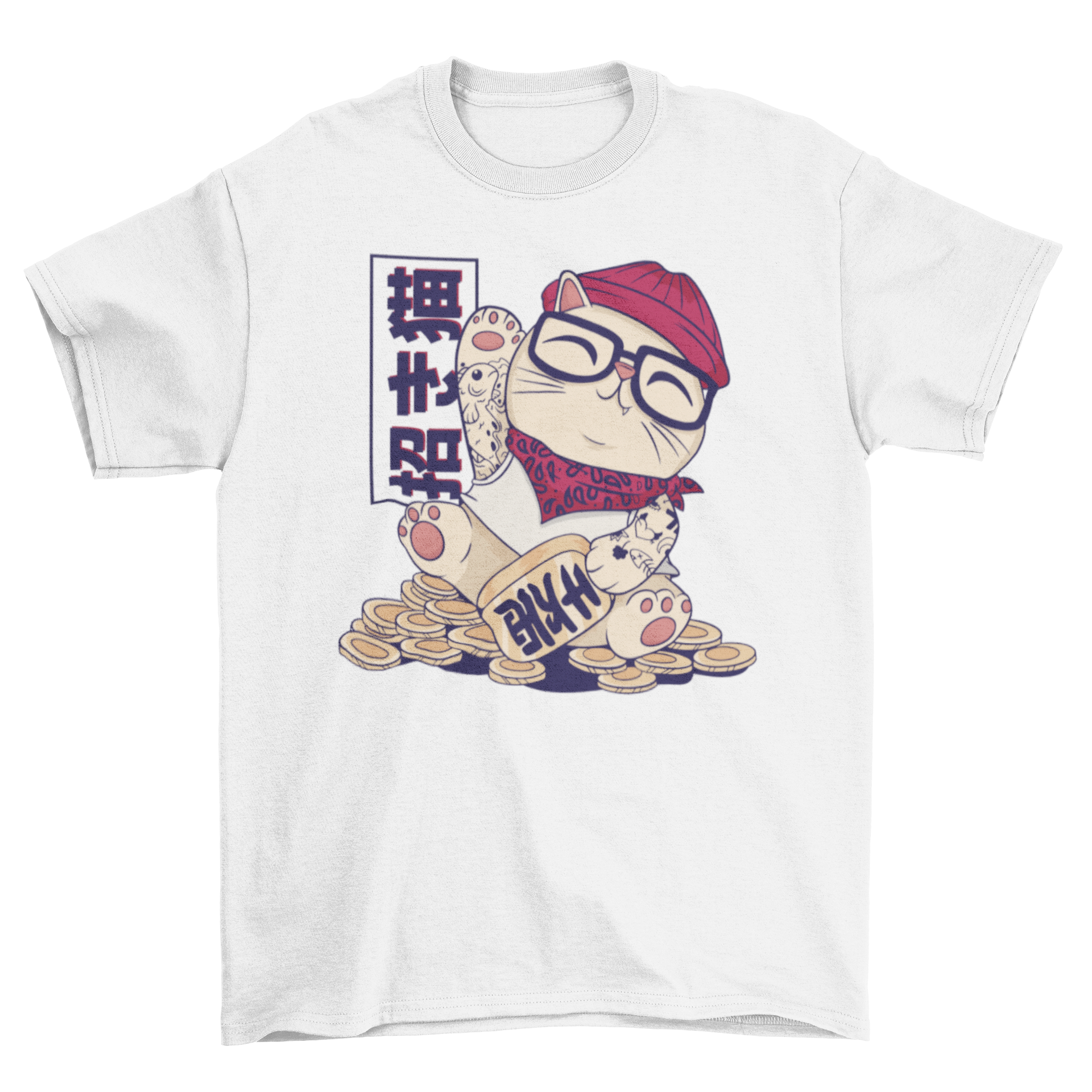 Cool maneki neko t-shirt featuring a hipster cat design sitting on coins, vibrant colors and playful imagery.