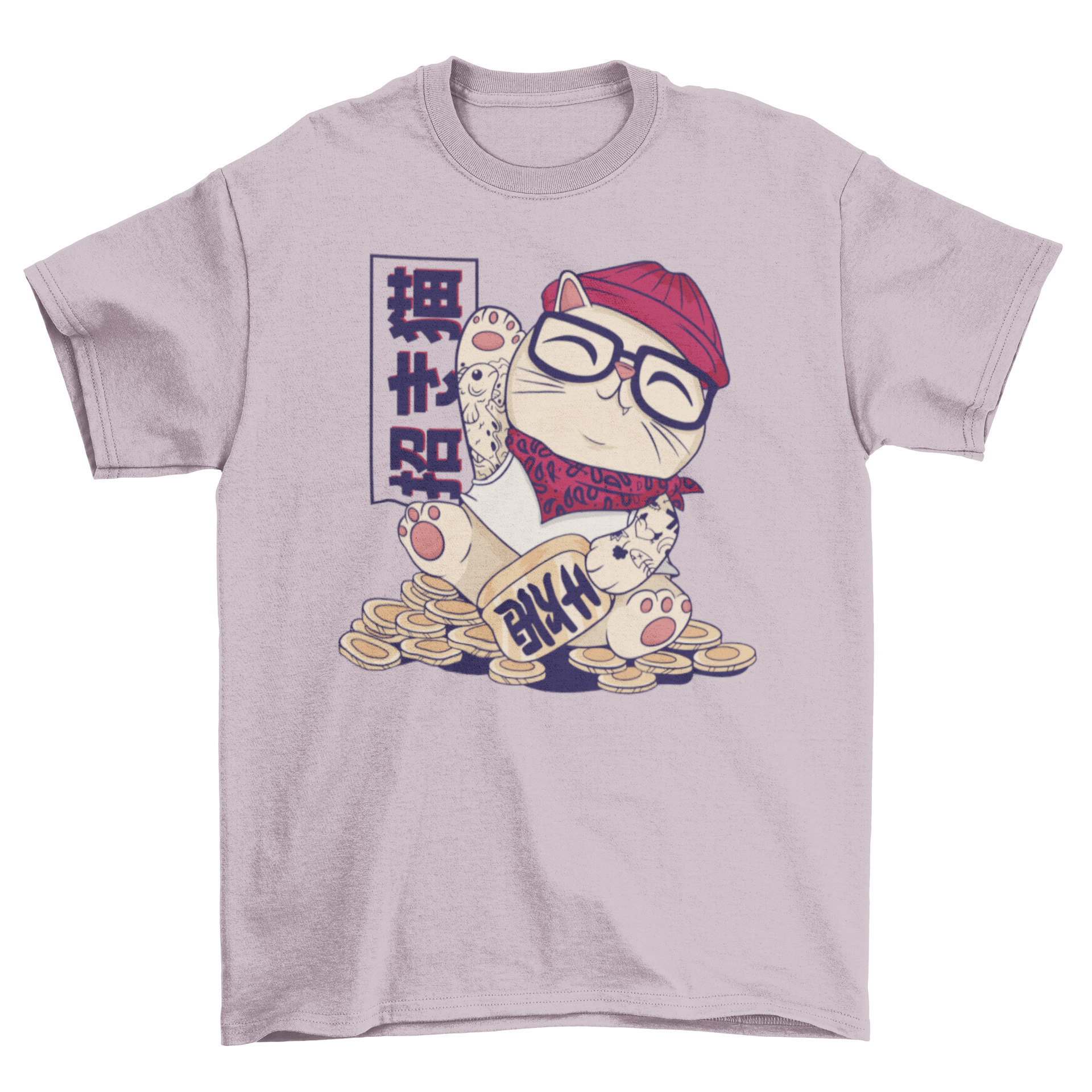 Cool maneki neko t-shirt featuring a hipster cat design sitting on coins, vibrant colors and playful imagery.