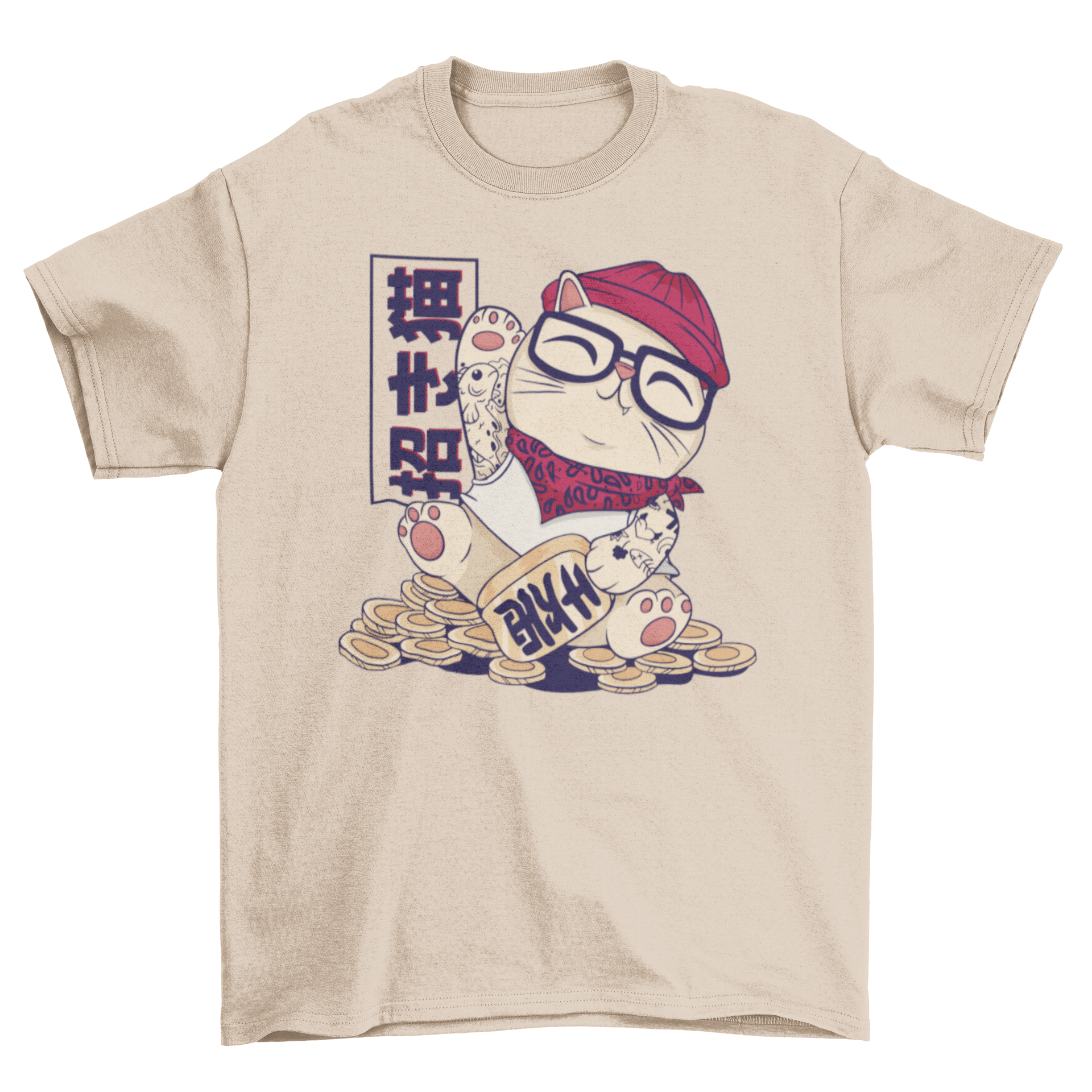 Cool maneki neko t-shirt featuring a hipster cat design sitting on coins, vibrant colors and playful imagery.