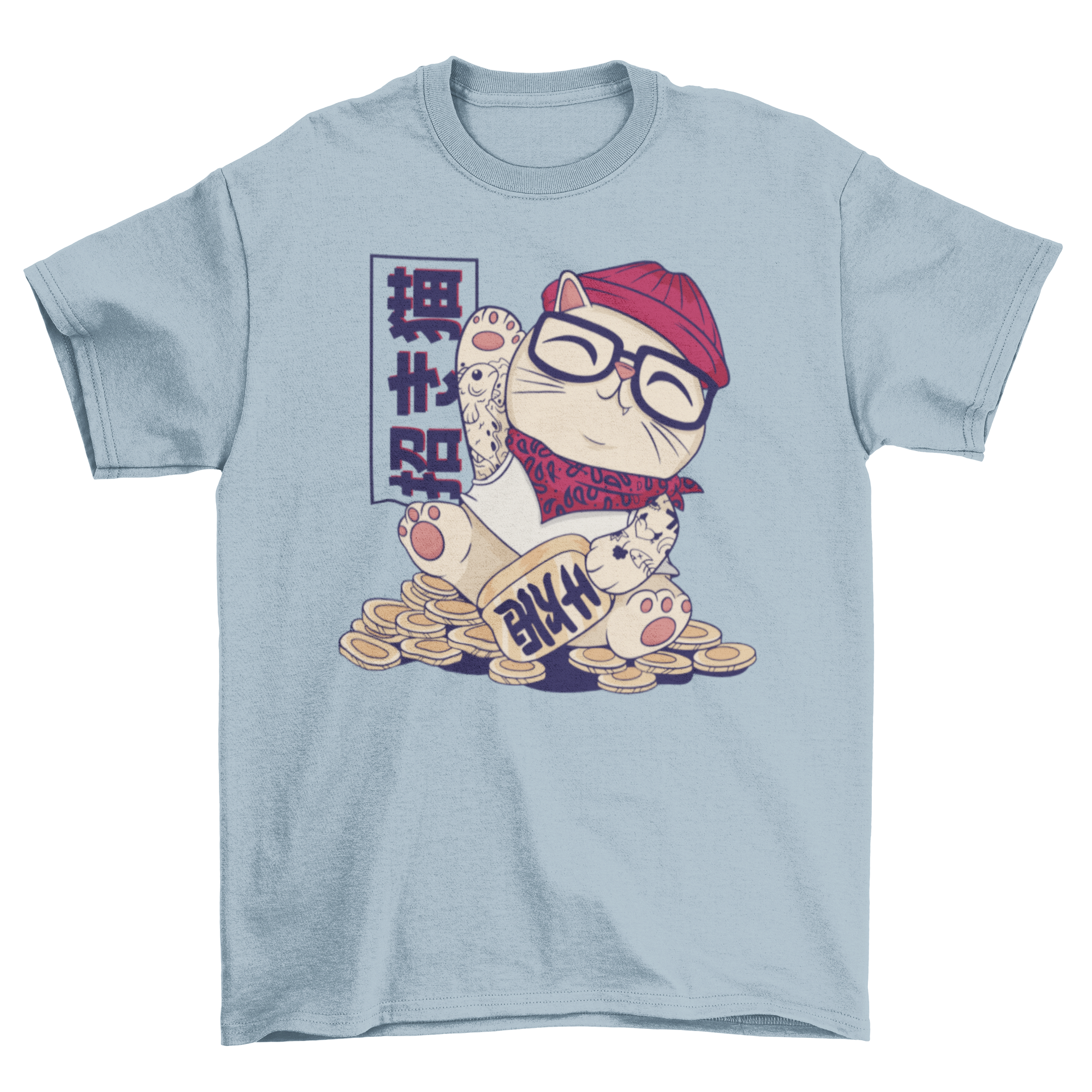 Cool maneki neko t-shirt featuring a hipster cat design sitting on coins, vibrant colors and playful imagery.