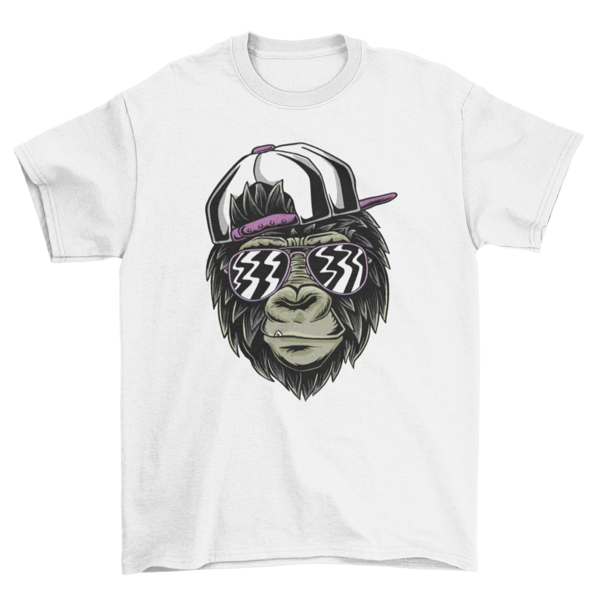 A stylish t-shirt featuring a cool monkey wearing trendy glasses, illustrated in a fun and vibrant style.