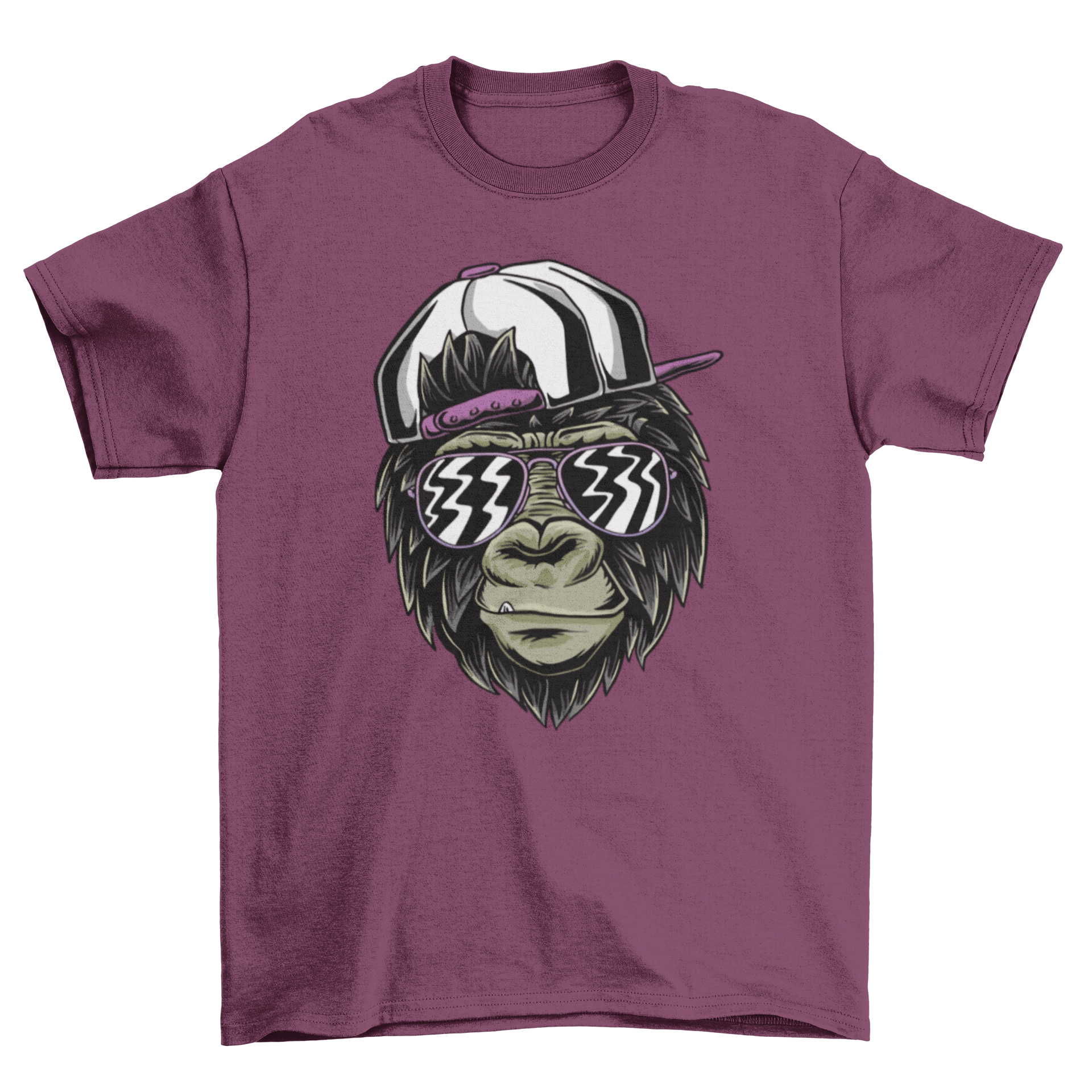 A stylish t-shirt featuring a cool monkey wearing trendy glasses, illustrated in a fun and vibrant style.