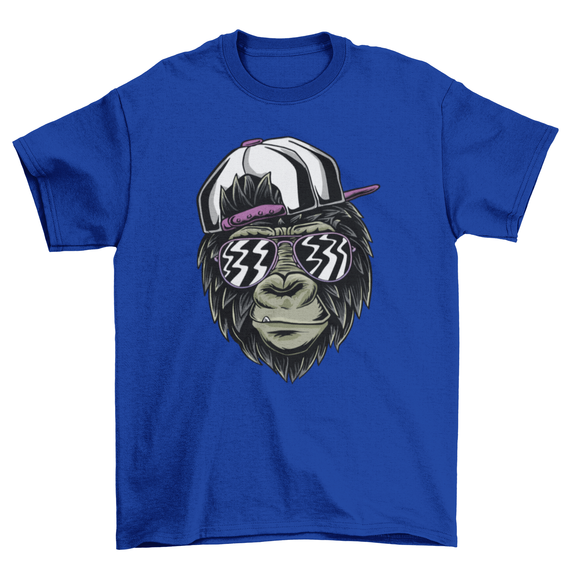 A stylish t-shirt featuring a cool monkey wearing trendy glasses, illustrated in a fun and vibrant style.