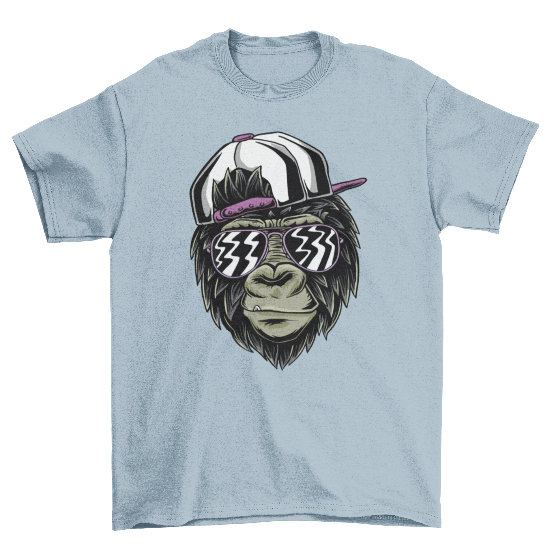 A stylish t-shirt featuring a cool monkey wearing trendy glasses, illustrated in a fun and vibrant style.