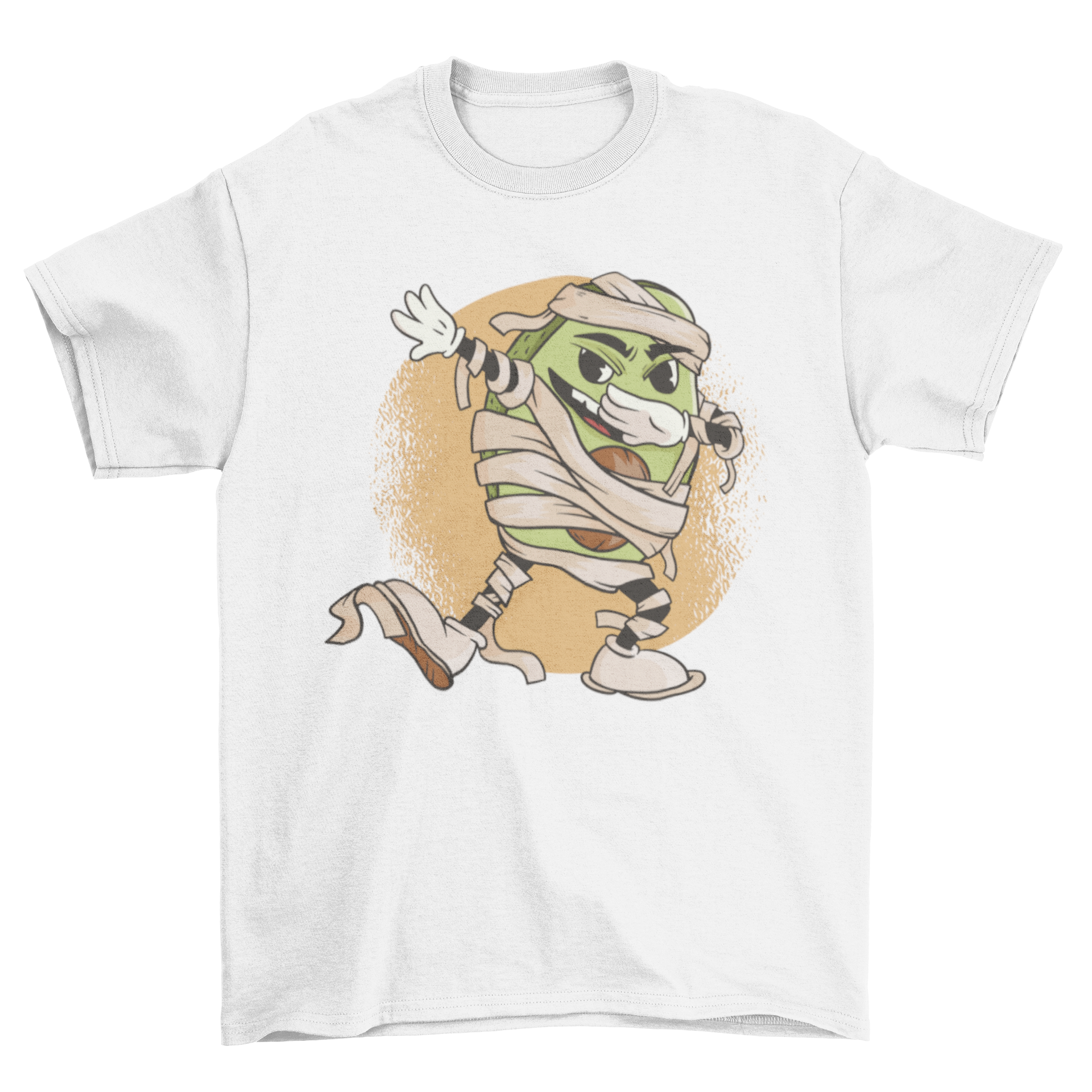 Cool mummy avocado t-shirt design featuring a funny avocado in a mummy costume dabbing.