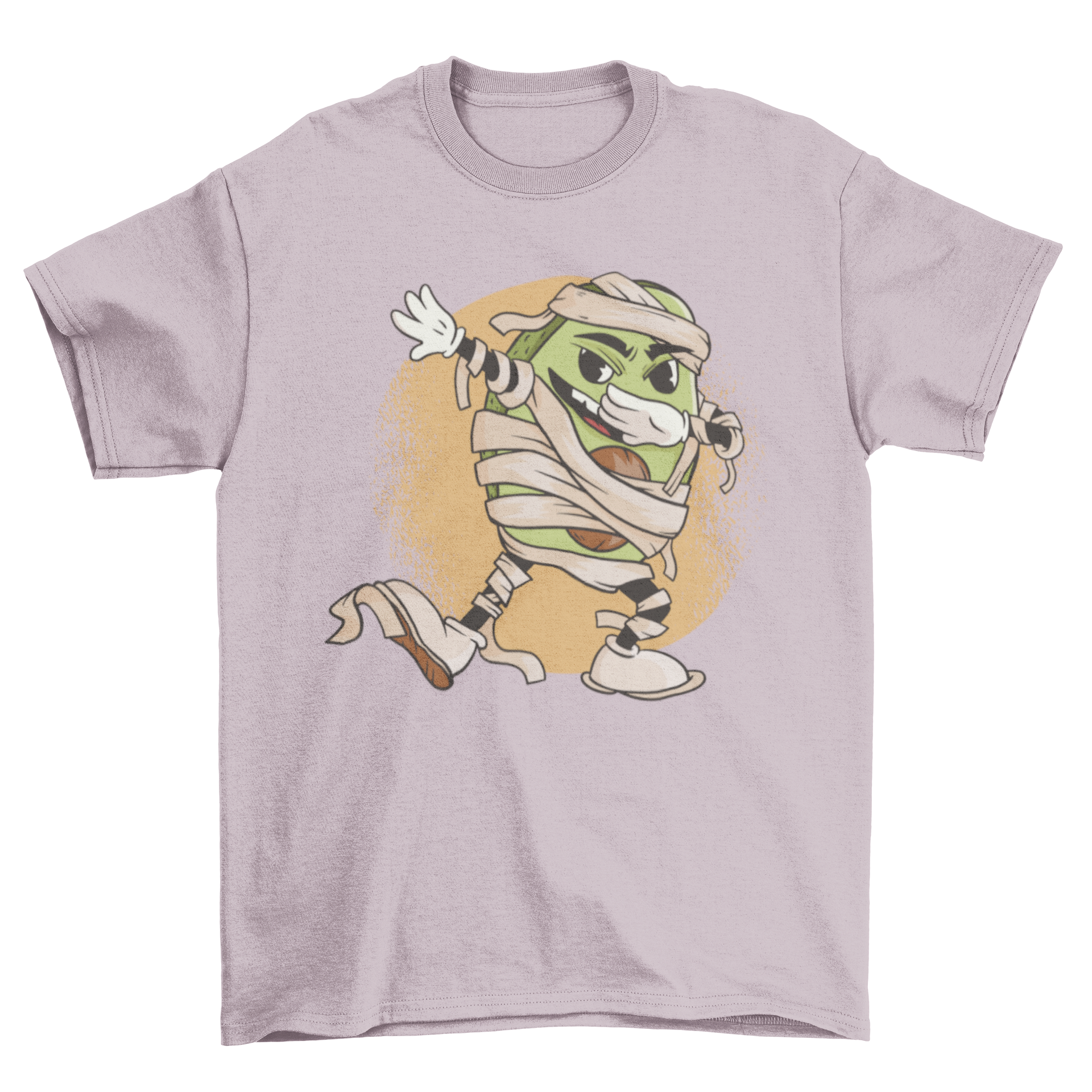 Cool mummy avocado t-shirt design featuring a funny avocado in a mummy costume dabbing.