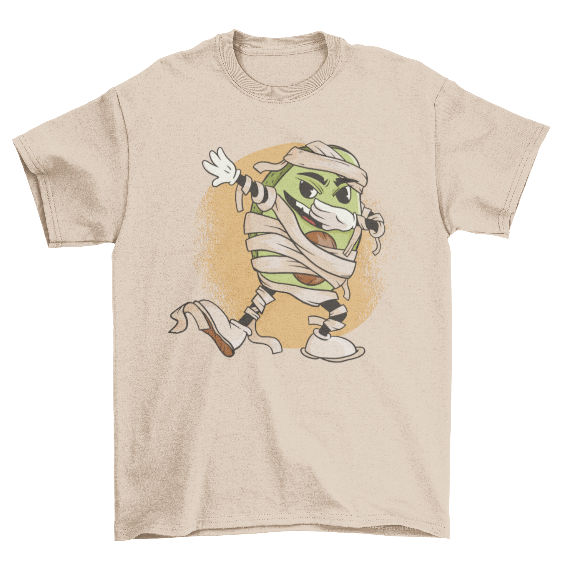 Cool mummy avocado t-shirt design featuring a funny avocado in a mummy costume dabbing.