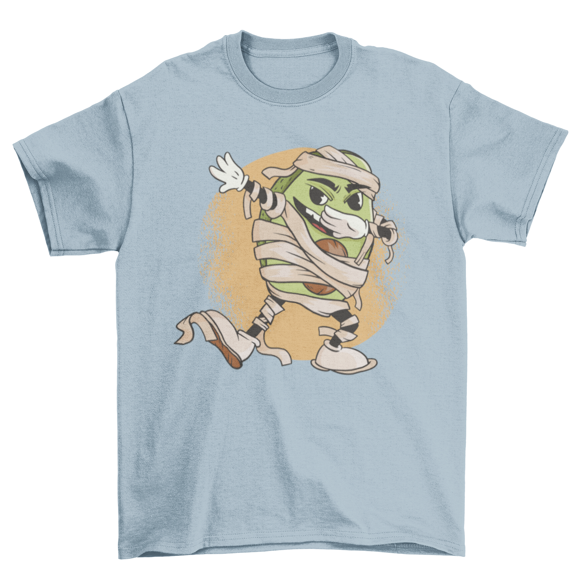 Cool mummy avocado t-shirt design featuring a funny avocado in a mummy costume dabbing.