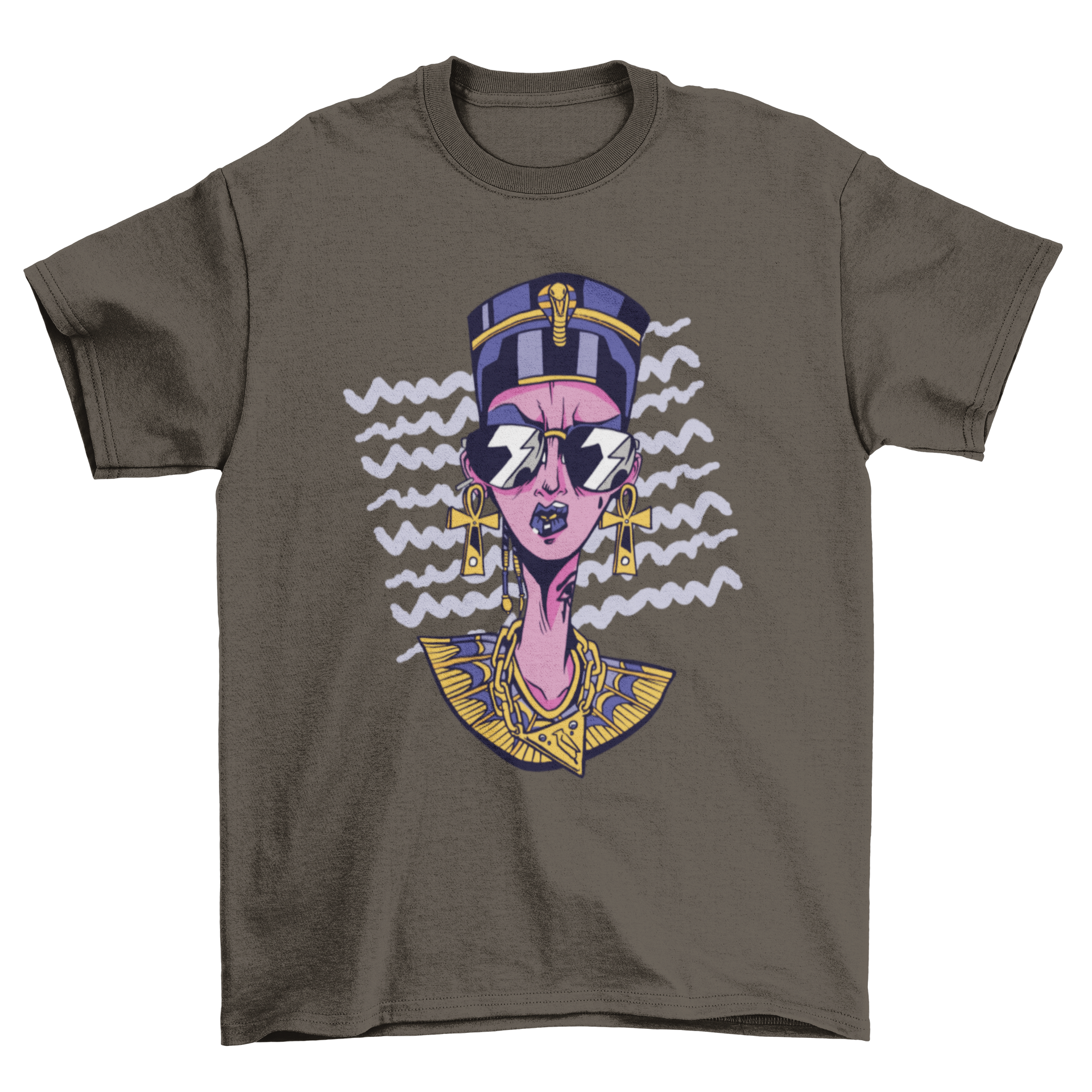 Cool Nefertiti t-shirt featuring an illustration of Nefertiti with sunglasses and earrings, showcasing an angry expression.