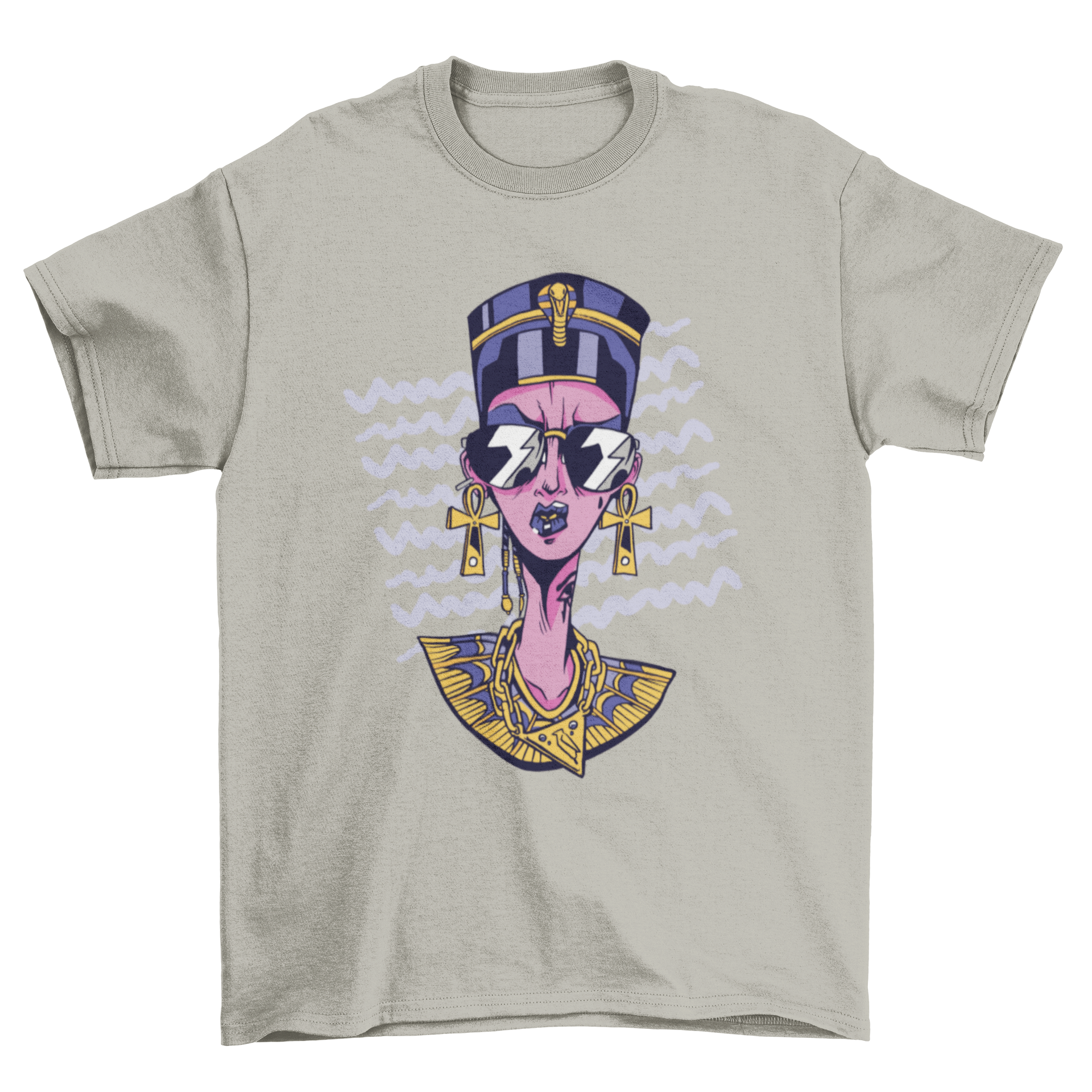 Cool Nefertiti t-shirt featuring an illustration of Nefertiti with sunglasses and earrings, showcasing an angry expression.