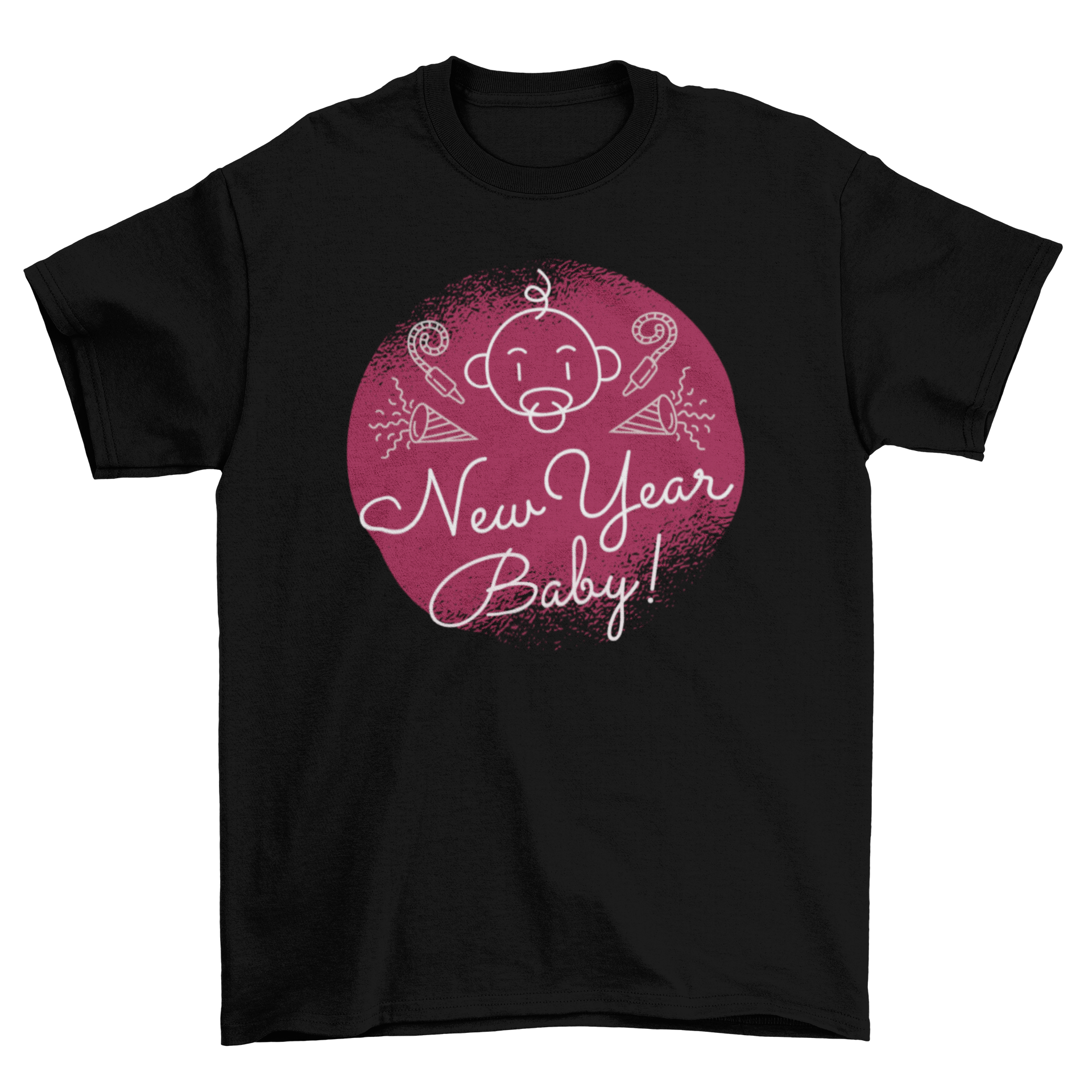 Cool New Year Baby T-shirt featuring a baby with a pacifier and 'New Year Baby' caption on a grunge background.