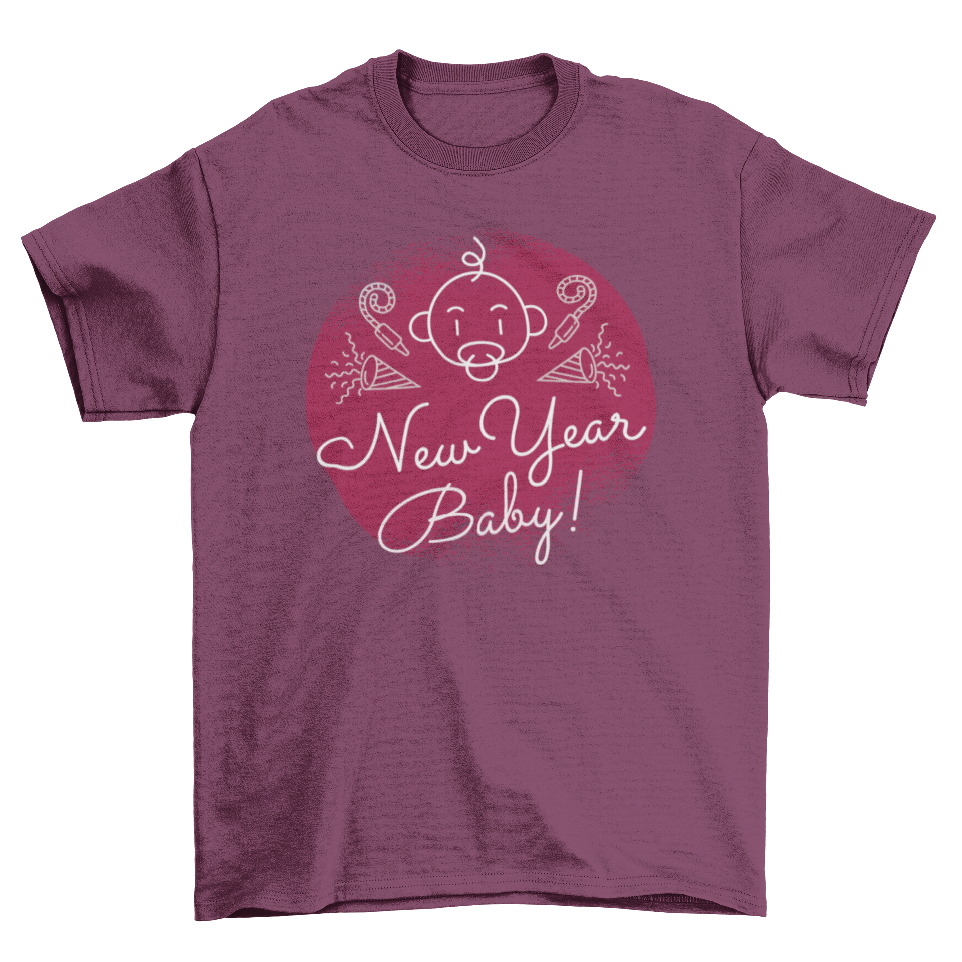 Cool New Year Baby T-shirt featuring a baby with a pacifier and 'New Year Baby' caption on a grunge background.