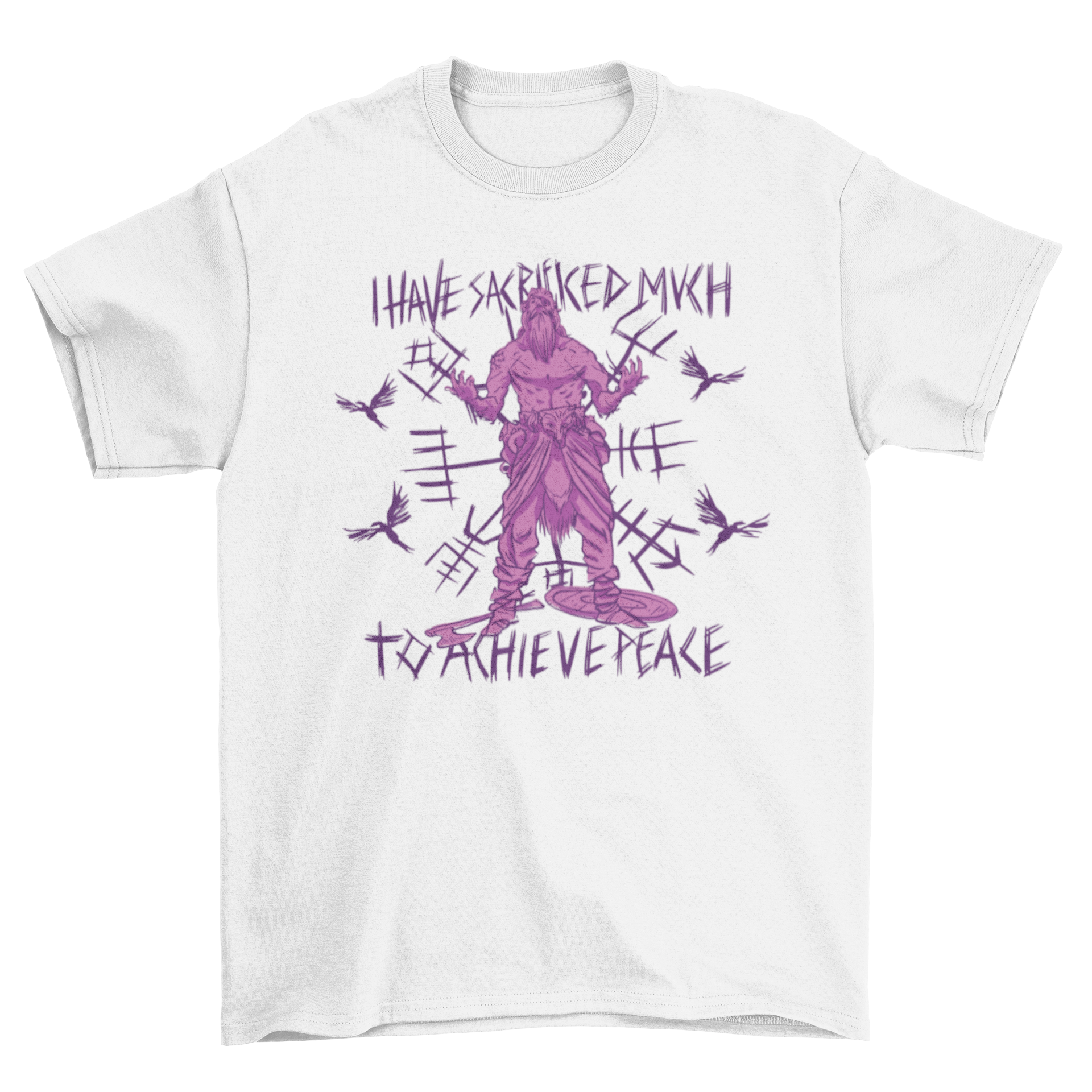 Cool Odin t-shirt featuring a striking design and an inspirational quote about sacrifice and peace.